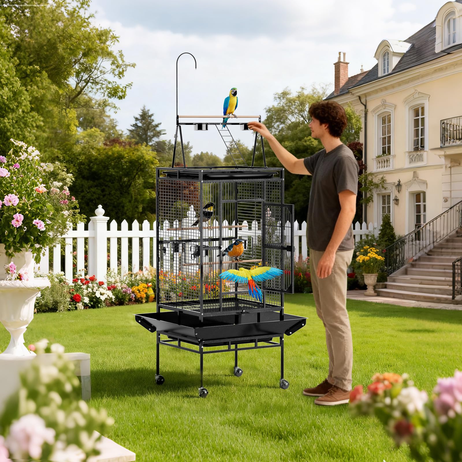 LEADZM Cage Oiseau, avec escalier sur Le Dessus et Double Bol d'alimentation, Robuste et Durable, avec 5 Positions d'alimentation, 83 x 78 x 210 cm