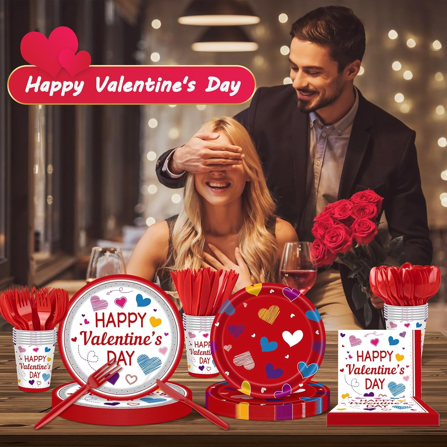 350PCS Valentine's Day Party Supplies for 50 Guests-Valentine's Day Party Decorations Include Disposable Paper Plates, Napkins, Cups, Tableware