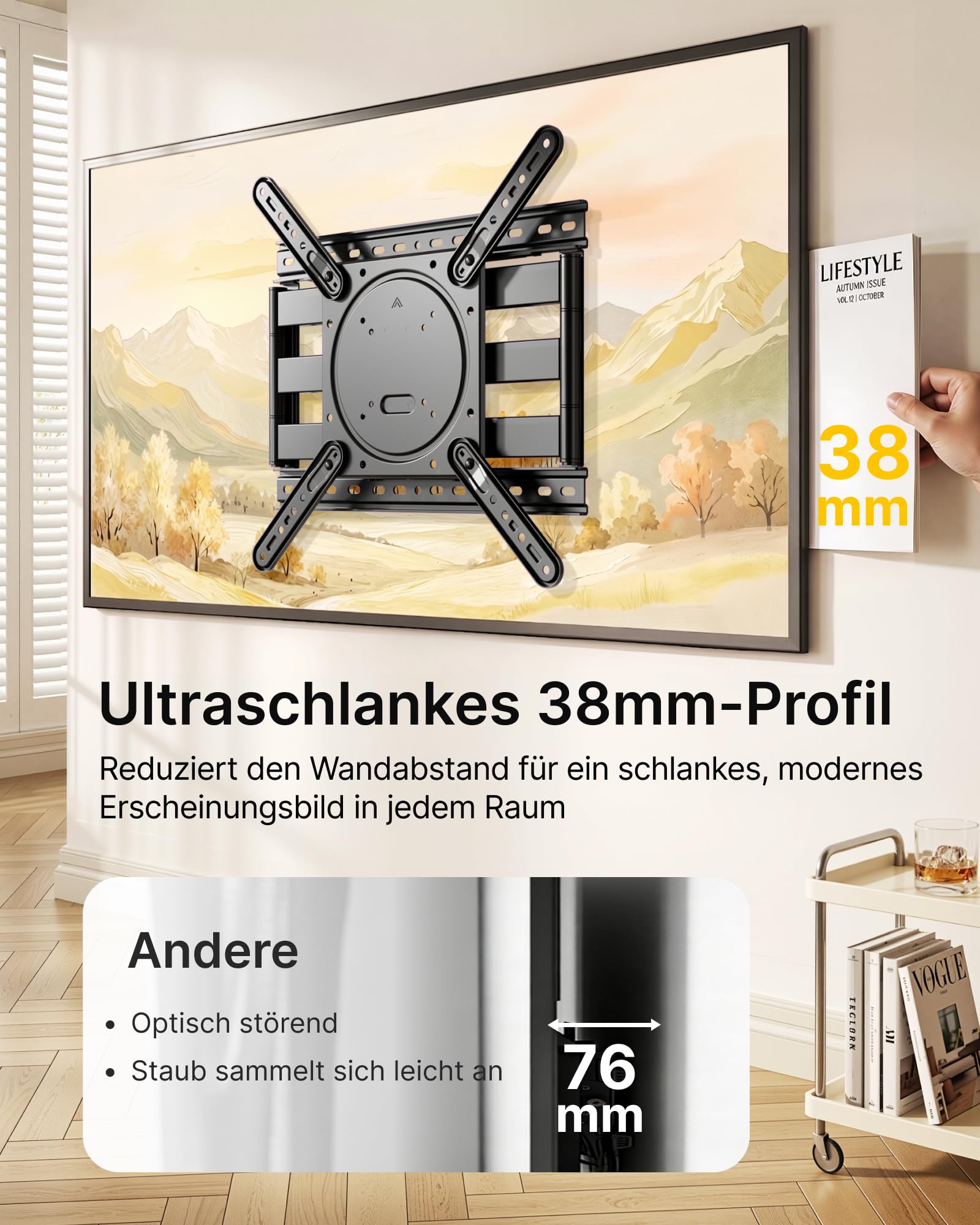 monTEK Ultra Slim TV Wandhalterung 23-75 Zoll bis 45kg, Max VESA 400x400mm | 1.5" Dünne, Ausziehbar, Schwenkbar, Neigbar TV Halterung für Flach & Curved Fernseher, 3-Fache Tragkraft, Einfache Montage