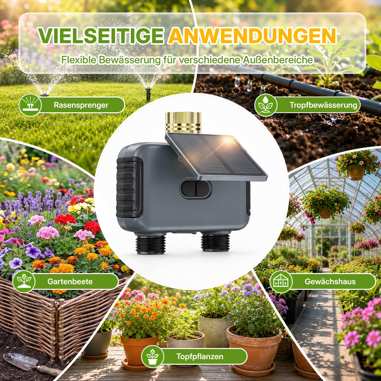 Mcbazel Solares Bewässerungscomputer mit 2 Ausgängen, WLAN-Bewässerungsuhr mit Solar & USB-C-Aufladung, App- & Sprachsteuerung, Regenverzögerung, Automatische/Manuelle Bewässerung, IP55 Wasserdicht
