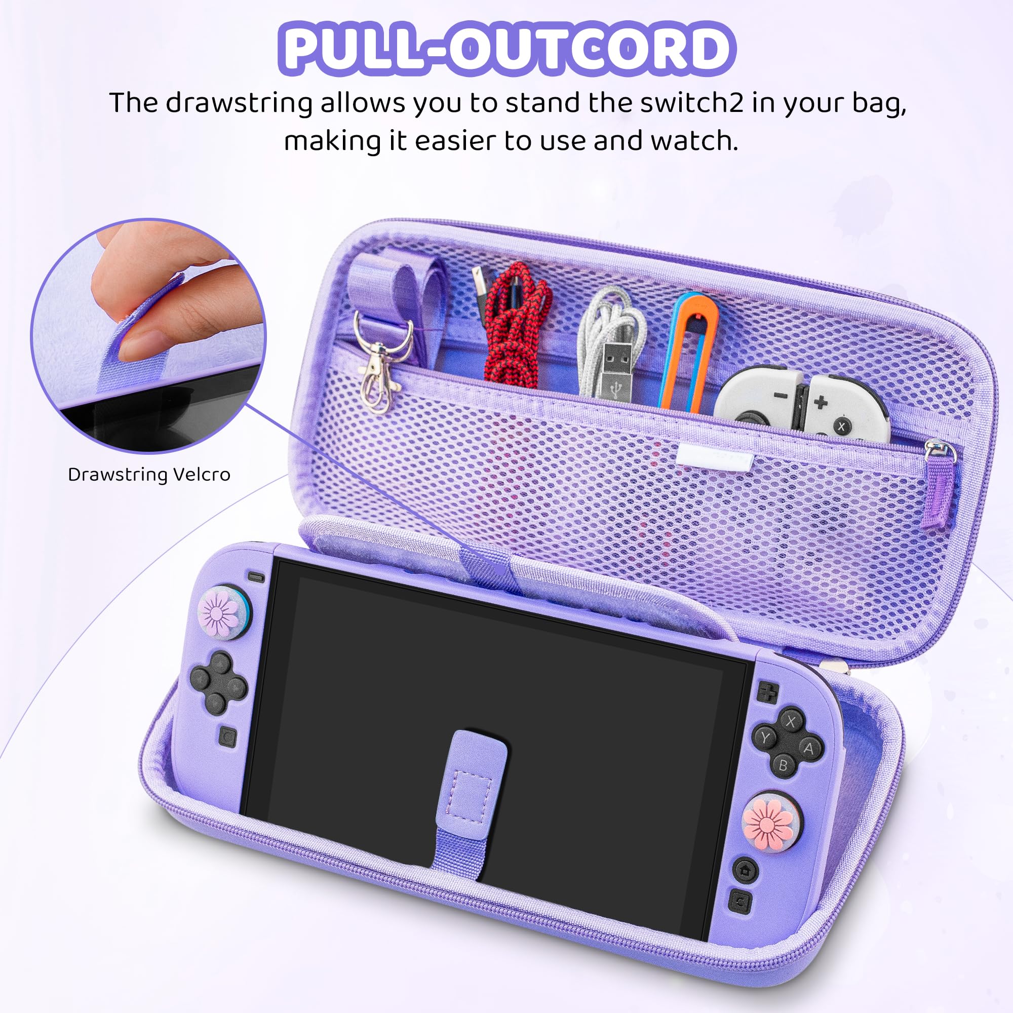 RHOTALL Sakura - Borsa da viaggio per Nintendo Switch 2 (2025) 7,9 pollici, con custodia protettiva e custodia rigida per Switch 2, protezione schermo, 2 tappi per pollice, colore: Viola