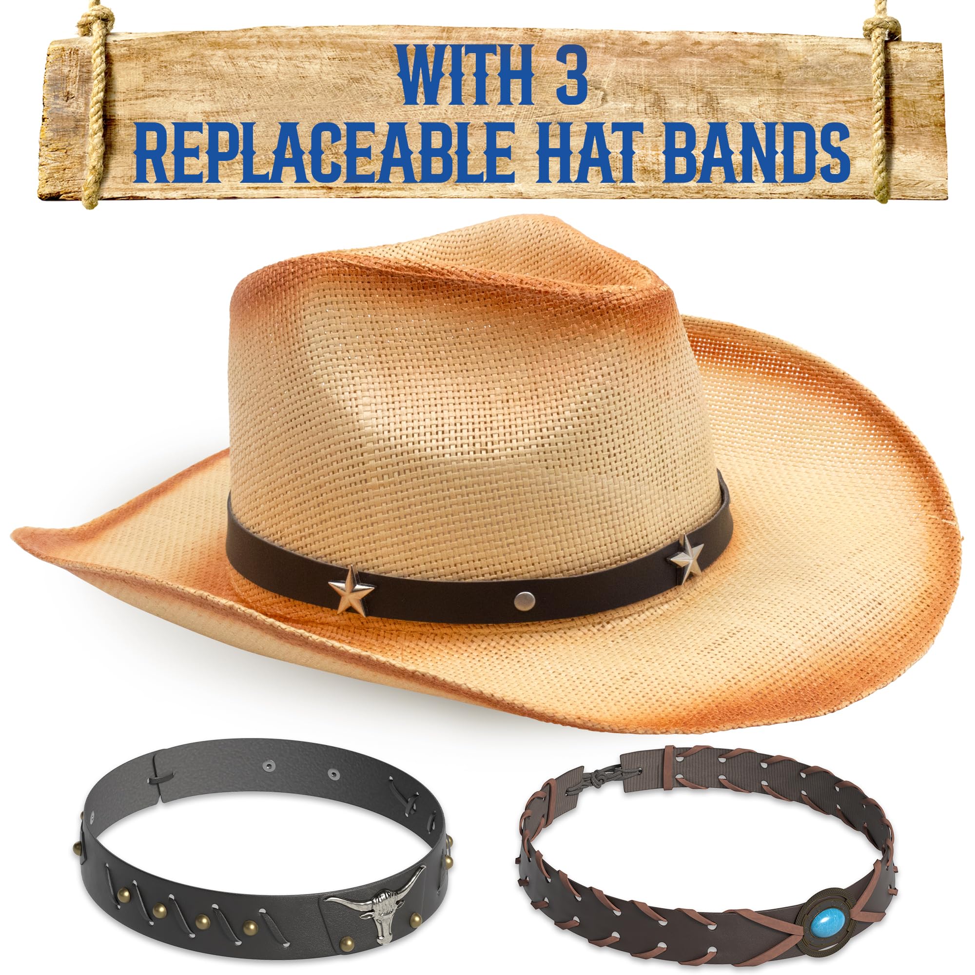Funcredible Straw Cowboy Hat for Women - Straw Cowgirl Hat - Vintage Cowboy Hat with 3 Replaceable Hat Bands