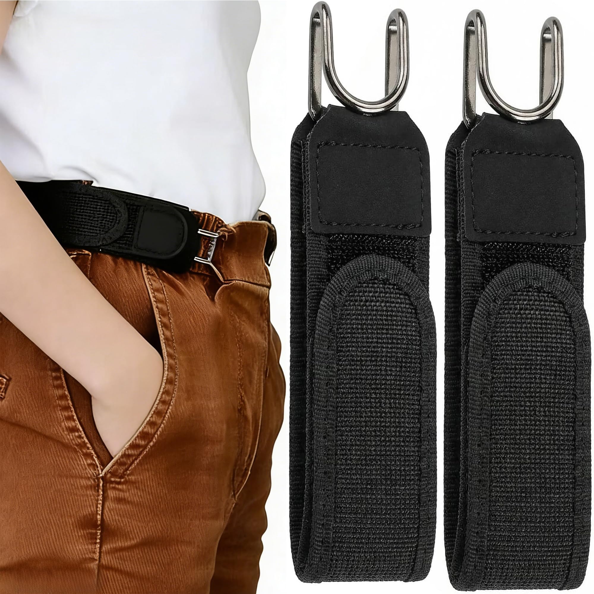 2Pcs Metal Hook Elastic Belt, Adjustable No Buckle Belts for Men and Women with Hook & Loop Fastener Tactical Belt and Fashion Accessory(Black)-image-22