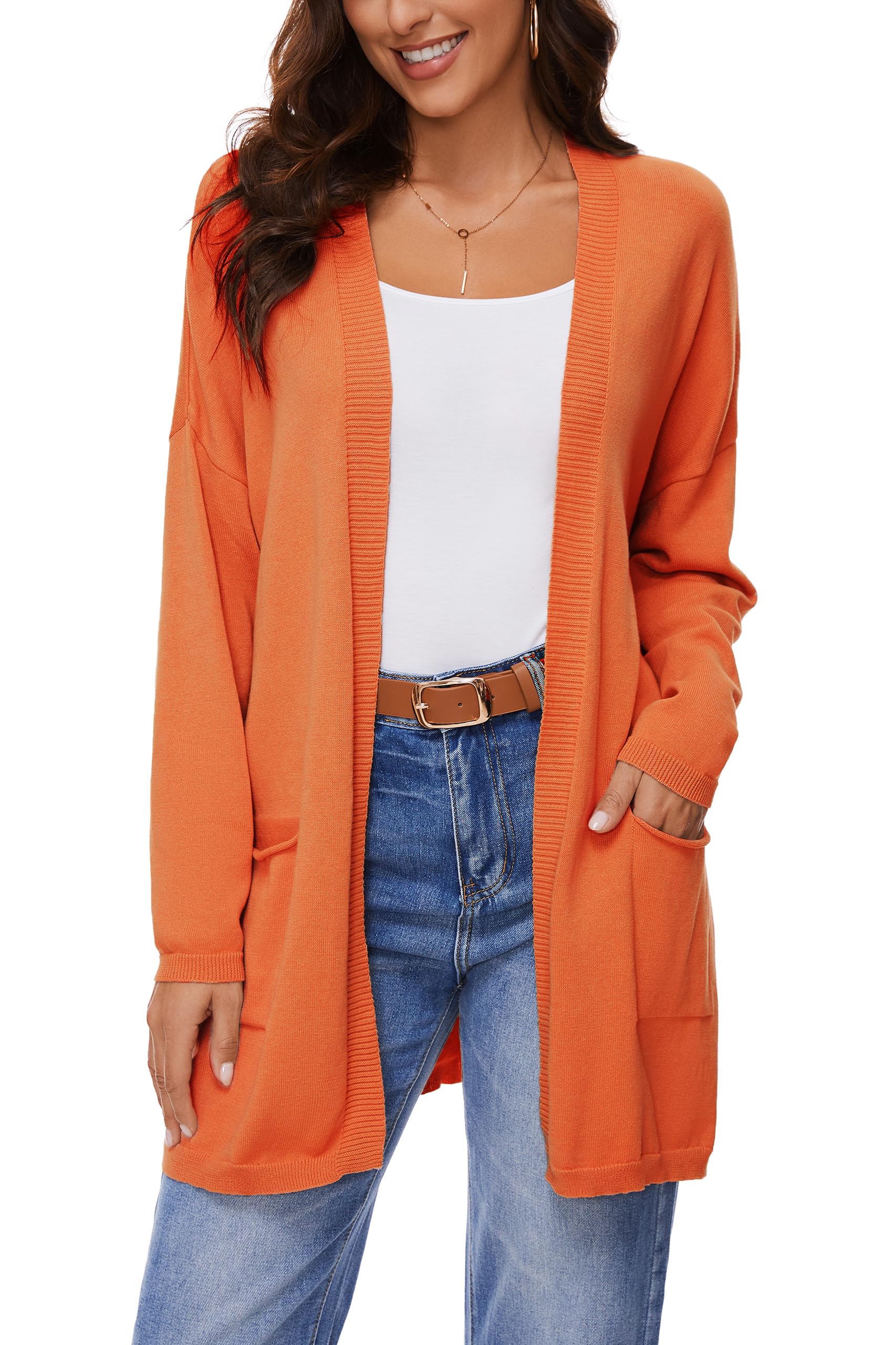 Cárdigan Abierto De Manga Larga 100% Algodón para Mujer con Bolsillos, Suéter Casual Suelto Y Ligero, Naranja, M