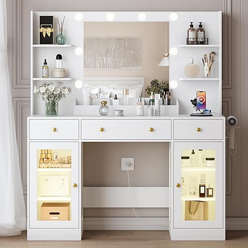 Miniatura 9 de Escritorio de tocador con espejo y luces, tocador de maquillaje rosa con estación de carga y taburete de tocador, 3 cajones y gabinetes, espejo de