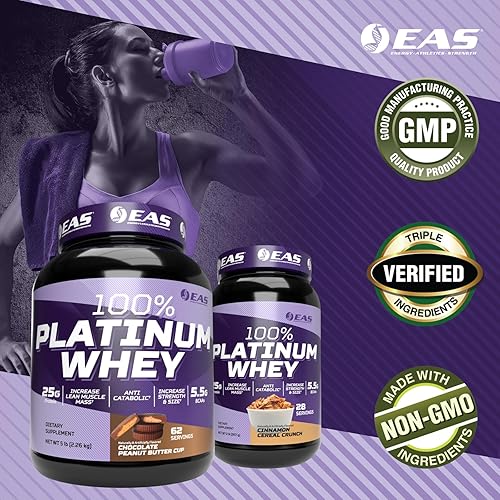 Miniatura 4 de EAS 100% proteína de suero de platino  3 proteínas de suero ultra platino  Aumenta el tamaño y la fuerza  0.88oz de proteína, 0.19oz de BCAA  2