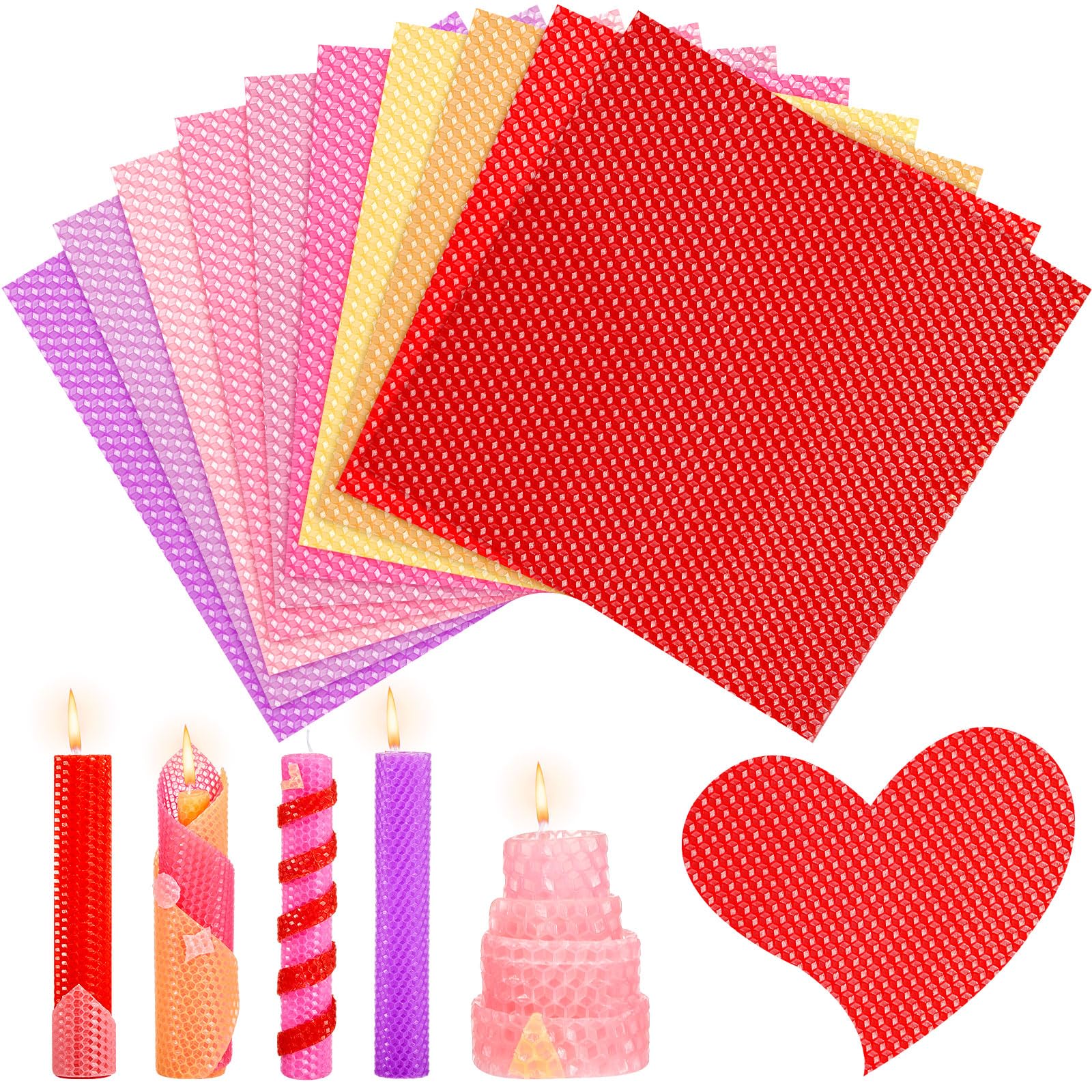 Landhoow 51 Pcs Valentine's Day Beeswax Candle Making Kit 50 Pcs 8x8 Honeycomb Beeswax Sheet with 1 Roll Cotton Wick Make Your Own Candle Kit for Kid Starter DIY Gift(Vivid Color)
