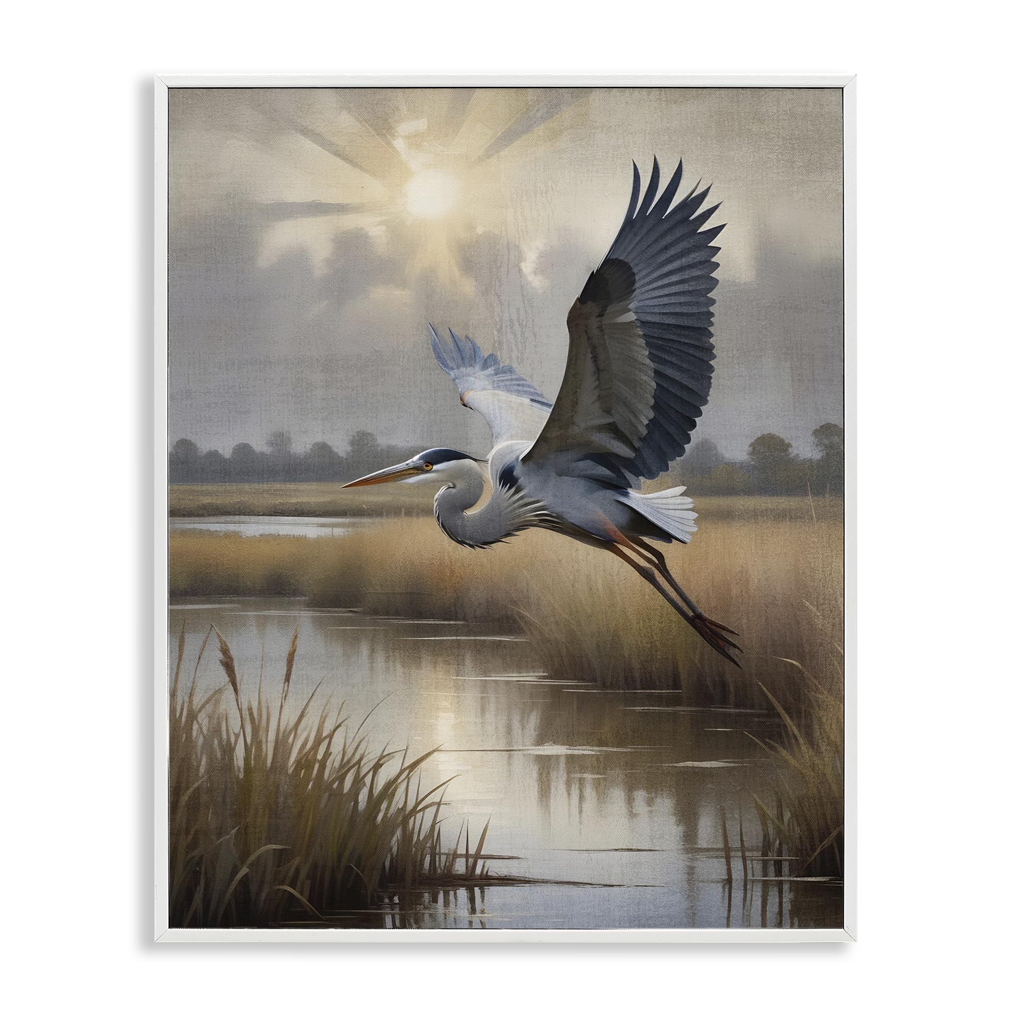 Stupell Industries Coastal White (Textured) Heron Flight Over Wetlands, 16 X 20 Inch Framed Giclée Print