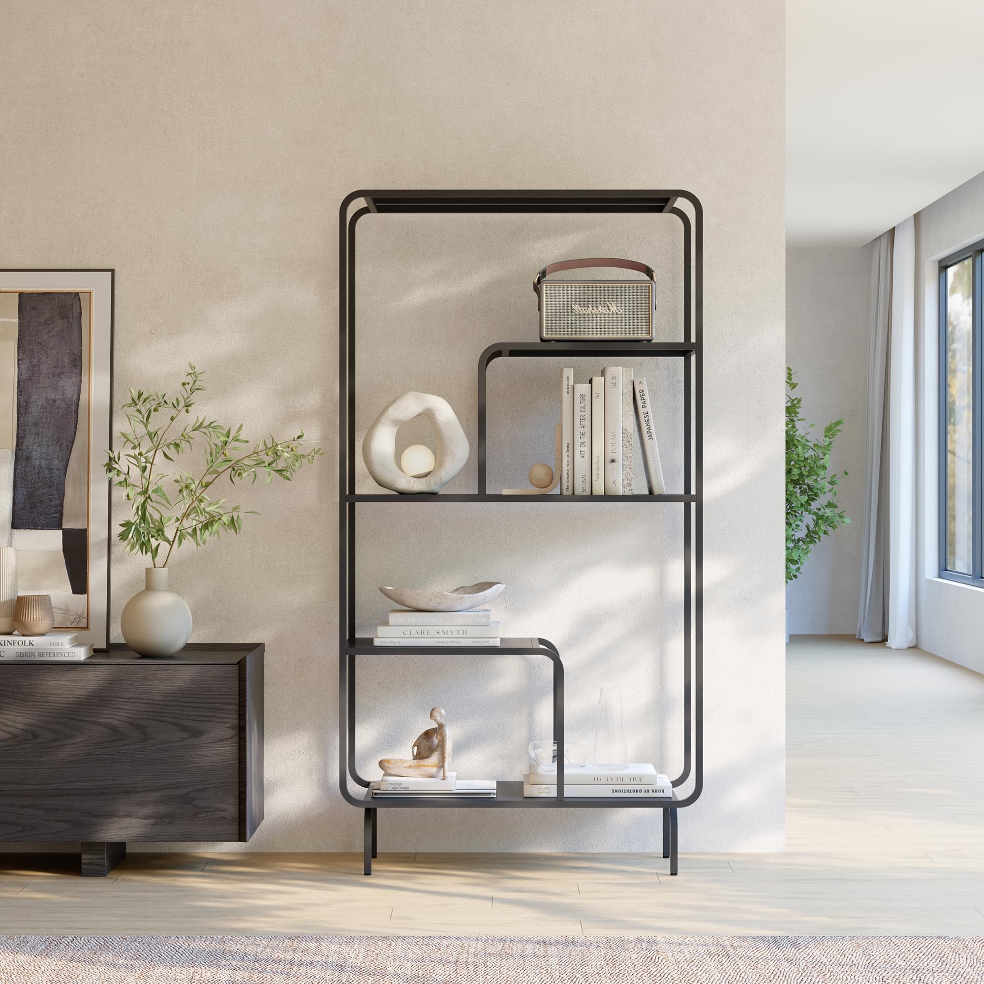 [en.casa] Regal Færder Bücherregal Industrial Standregal hoch Metall 145 x 76 x 33 cm Wohnzimmerregal multifunktional offenes Regal Ablagen modern Schwarz