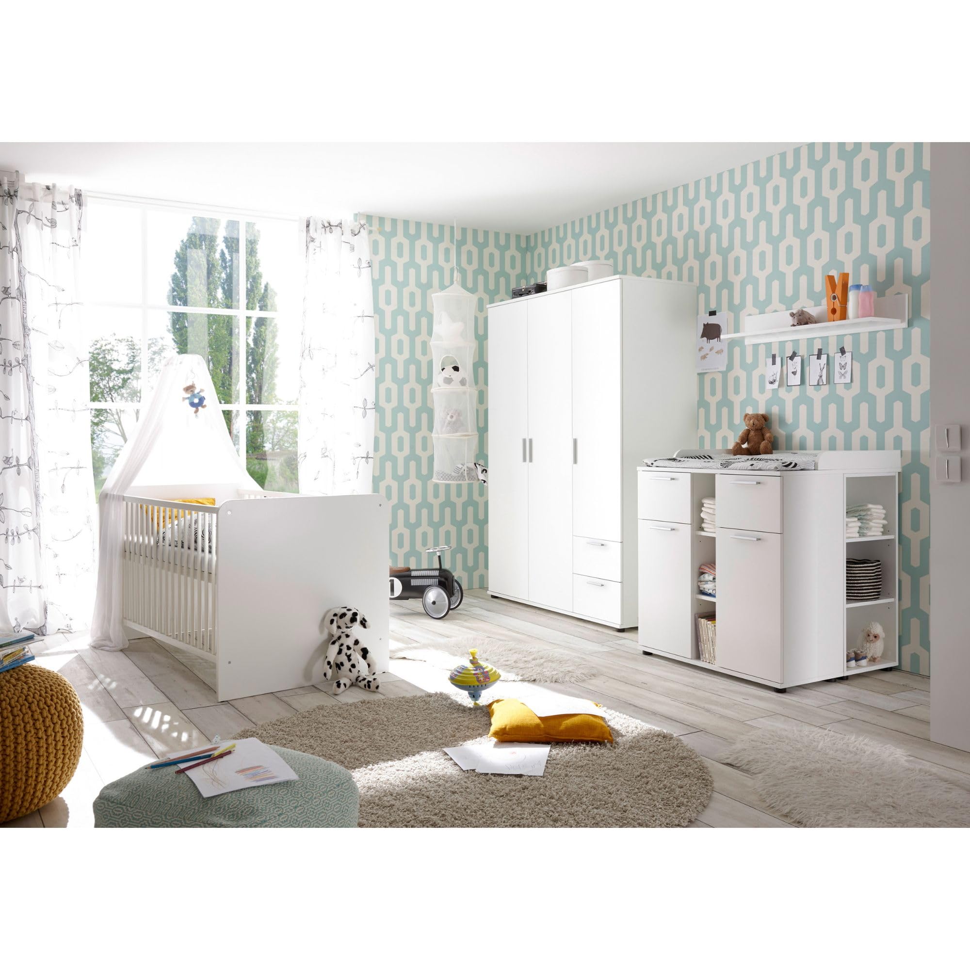 Babyzimmer Bibo Weiß MDF Wickelkommode Kleiderschrank Babybett Kinderzimmer