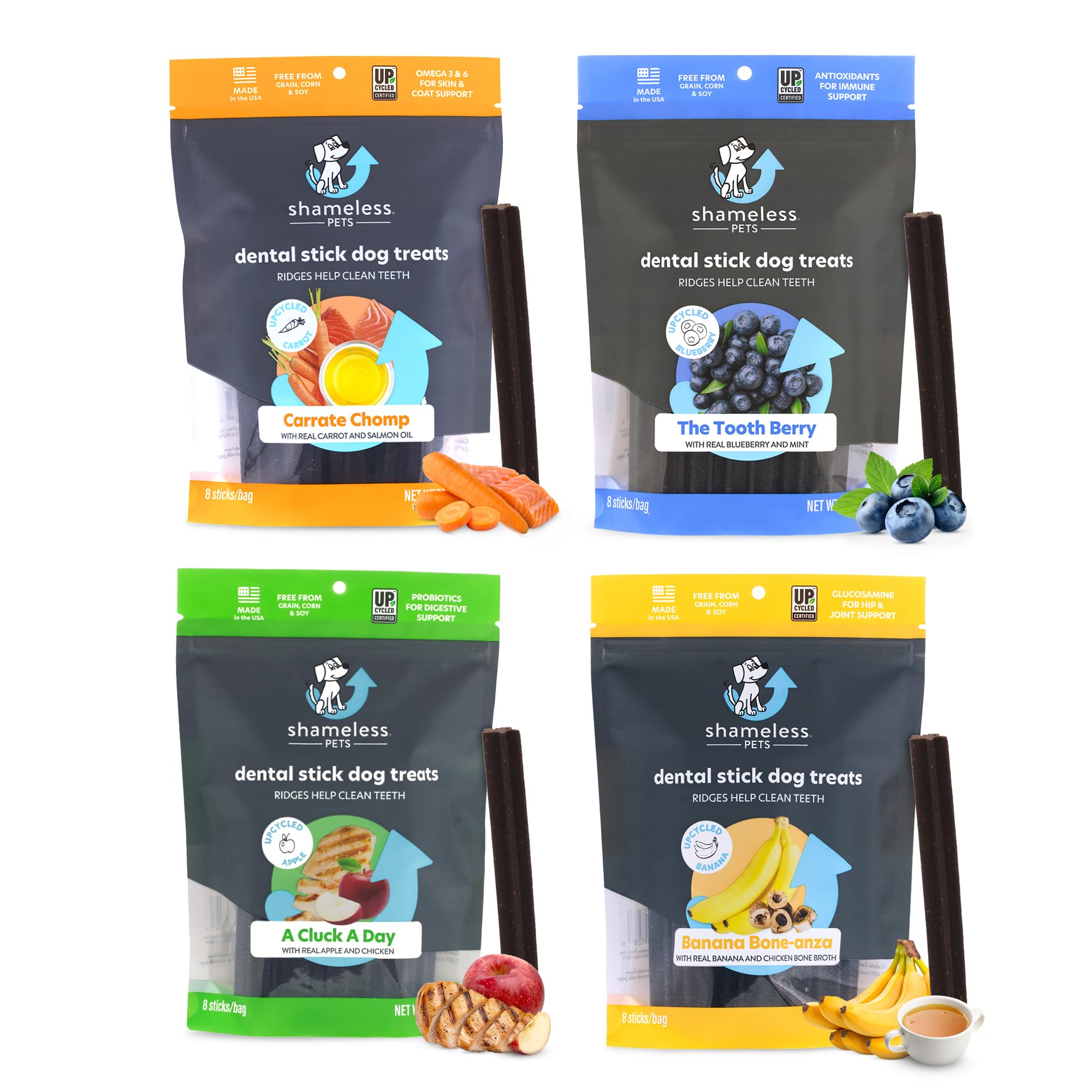 (BB Nov-03-2025)Shameless Pets Dental Treats for Dogs, Variety (4-Pack) - Healthy Dental Sticks for Teeth Cleaning & Fresh Breath - Dog Bones Dental Chews Free from Grain, Corn & Soy