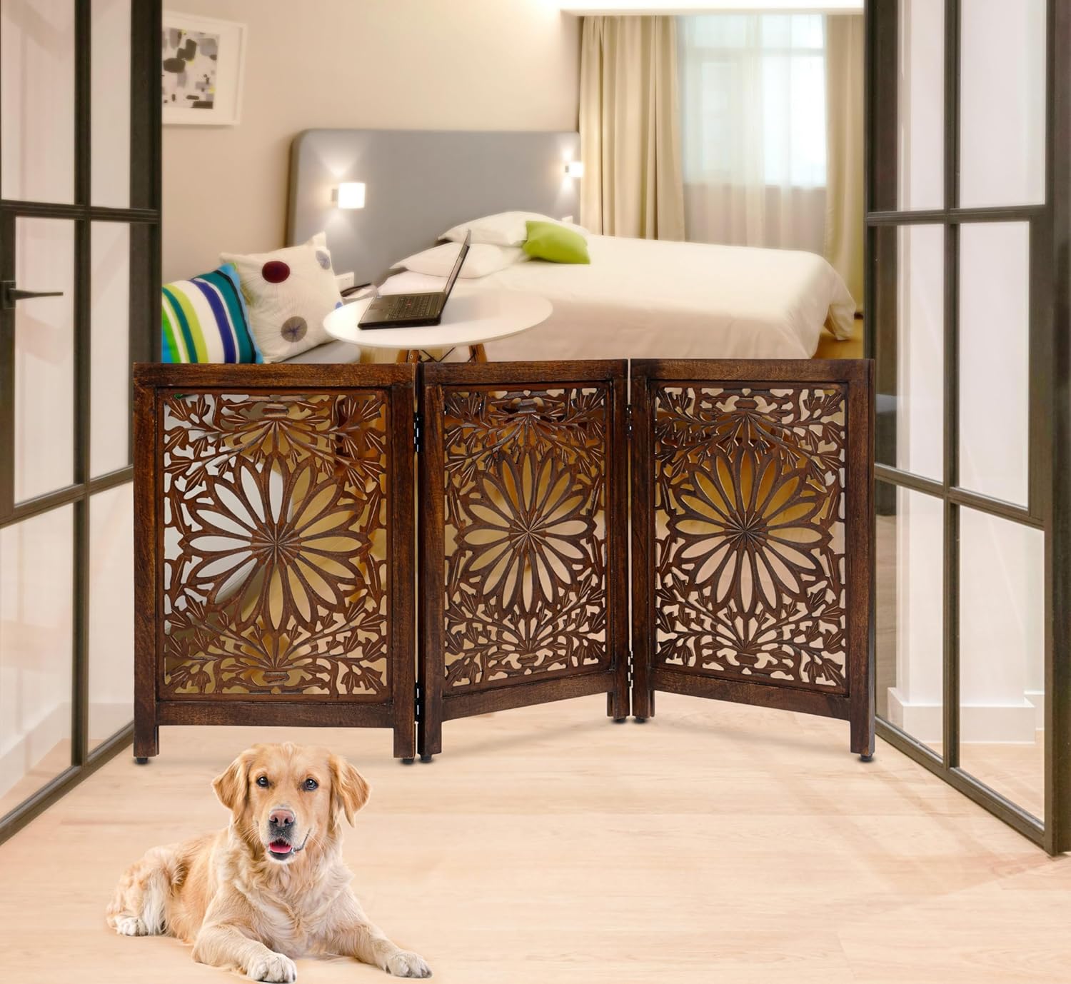 DEVLA Wooden Tall Walnut Antique Indoor Gate for Dog & Pet (54" W x 24" H) Solid Wood with MDF Foldable Gate for Home Use | 3 Panel Freestanding Wood Gate for Doorway, Stairs