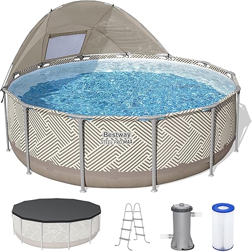 Bestway Steel Pro MAX 13' x 42" Above Ground Pool, Round Metal Frame Outdoor Swimming Pool Set with Canopy, Filter Pump, Ladder, and Cover, Taupe