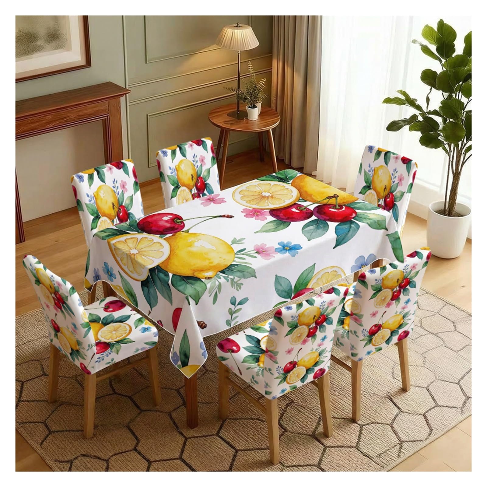 BOSUYBN Watercolor Lemon Cherry Tiny Wildflower Printed Dining Tablecloth & Chair Covers Set, 5/7 Piece Bright Summer Fruit Cottage Dining Decor Table Setting(7pcs Set: Tablecloth+Chair Covers)