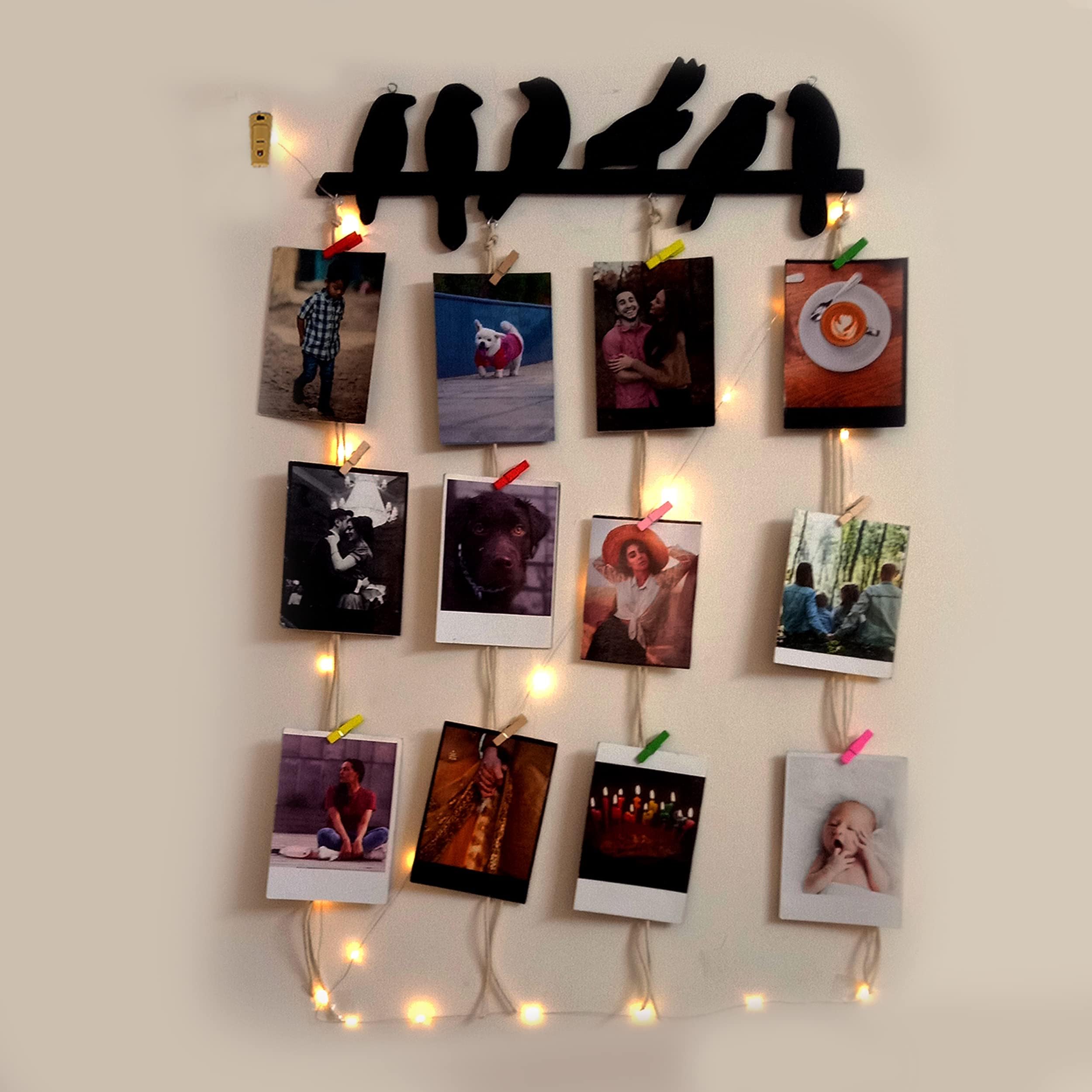VAH Wooden Photo Frame with LED Light - photo wall hanging, memories wall hanging, hanging photo frames for wall decoration, moments wall hanging photos hanging for wall decoration, , photo frames with light (Birds with Light)