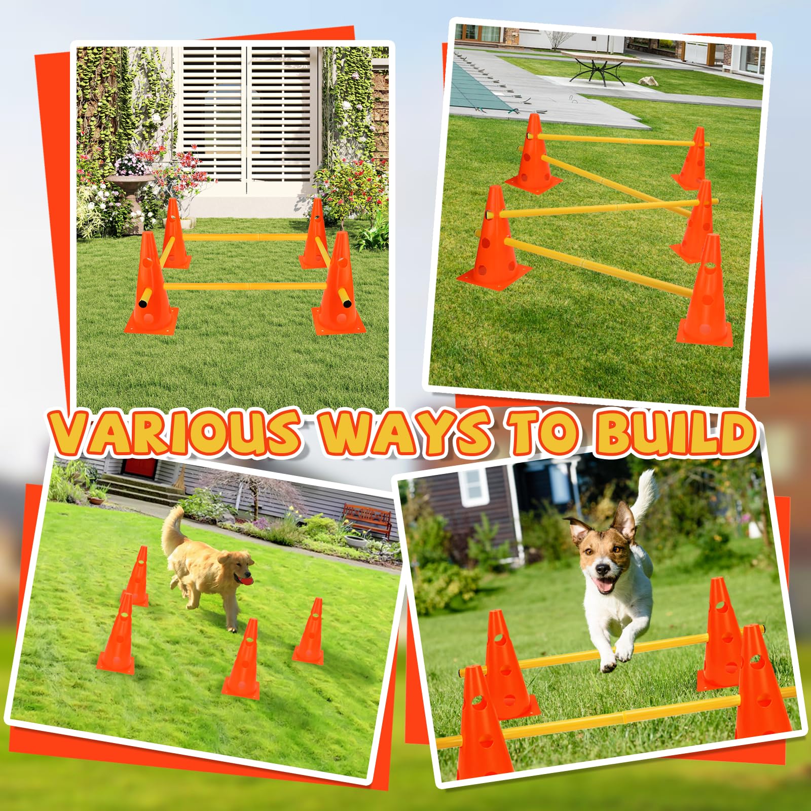Agility Set per cani ostacoli per bambini, ostacoli per bambini, cani, parcour per saltare, cane Cavaletti, 8 coni 32 cm di altezza + 8 aste lunghe 80 cm, per esercizi di allenamento