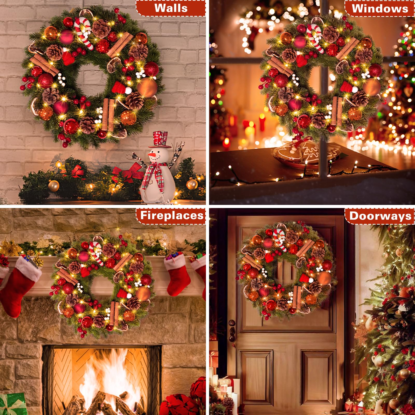GlobaLink Weihnachtskranz 40cm, Türkranz Weihnachten mit 40 LEDs Timer Batteriebetrieben Künstlicher Kranz mit Zuckerstange Zitronenscheiben und Weihnachtskugeln Weihnachtsdeko für Feste Advent Türe