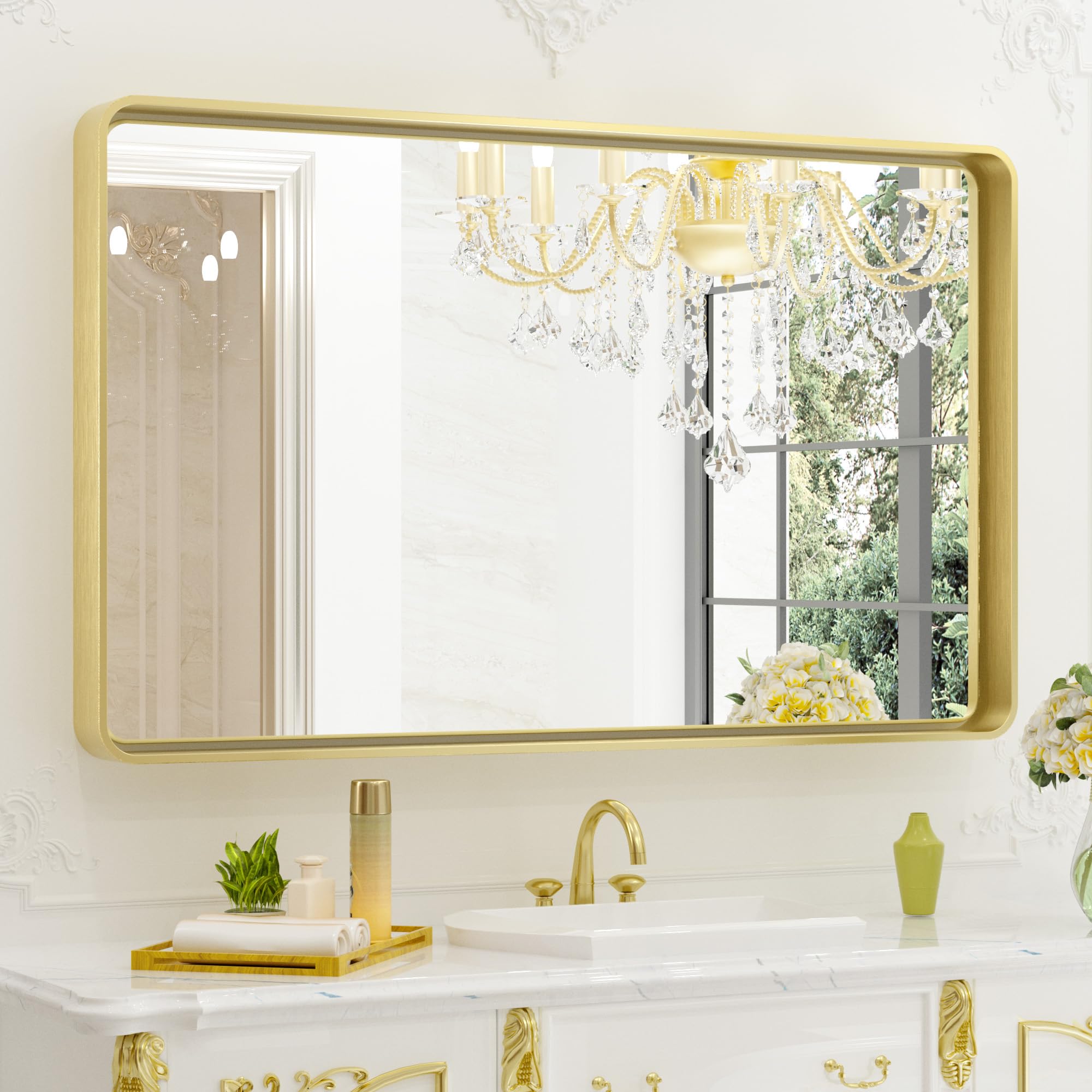 TETOTE Brushed Gold Bathroom Mirror, 40 x 24 Inch Metal Framed Mirror, Brushed Brass Rectangle Wall Mounted Golden Vanity Mirror (Horizontal/Vertical)