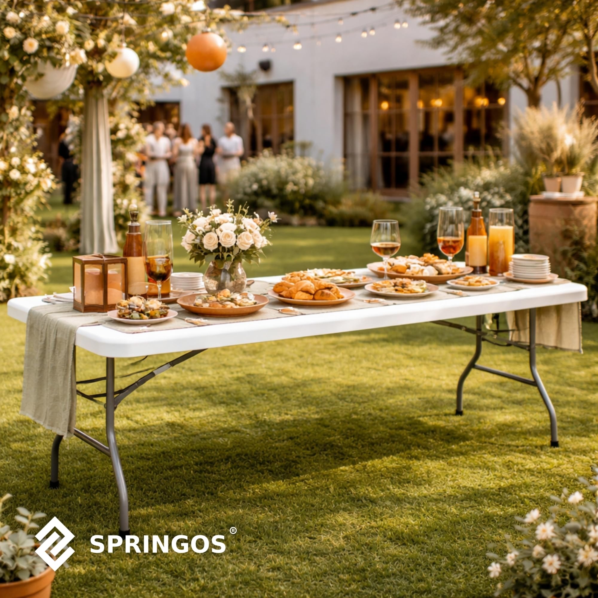 SPRINGOS Mesa de fiesta para banquete de 240 x 75 x 75 cm, plegable para gastronomía, con asa de transporte, función de maleta, plástico, metal para interior y exterior
