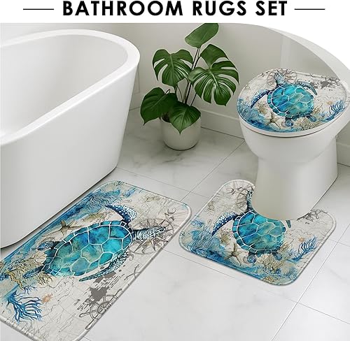 Miniatura 5 de Juego de baño azul marino con cortina de ducha y alfombras y accesorios, juego de cortinas de ducha de tortuga, cortinas de ducha azules y grises