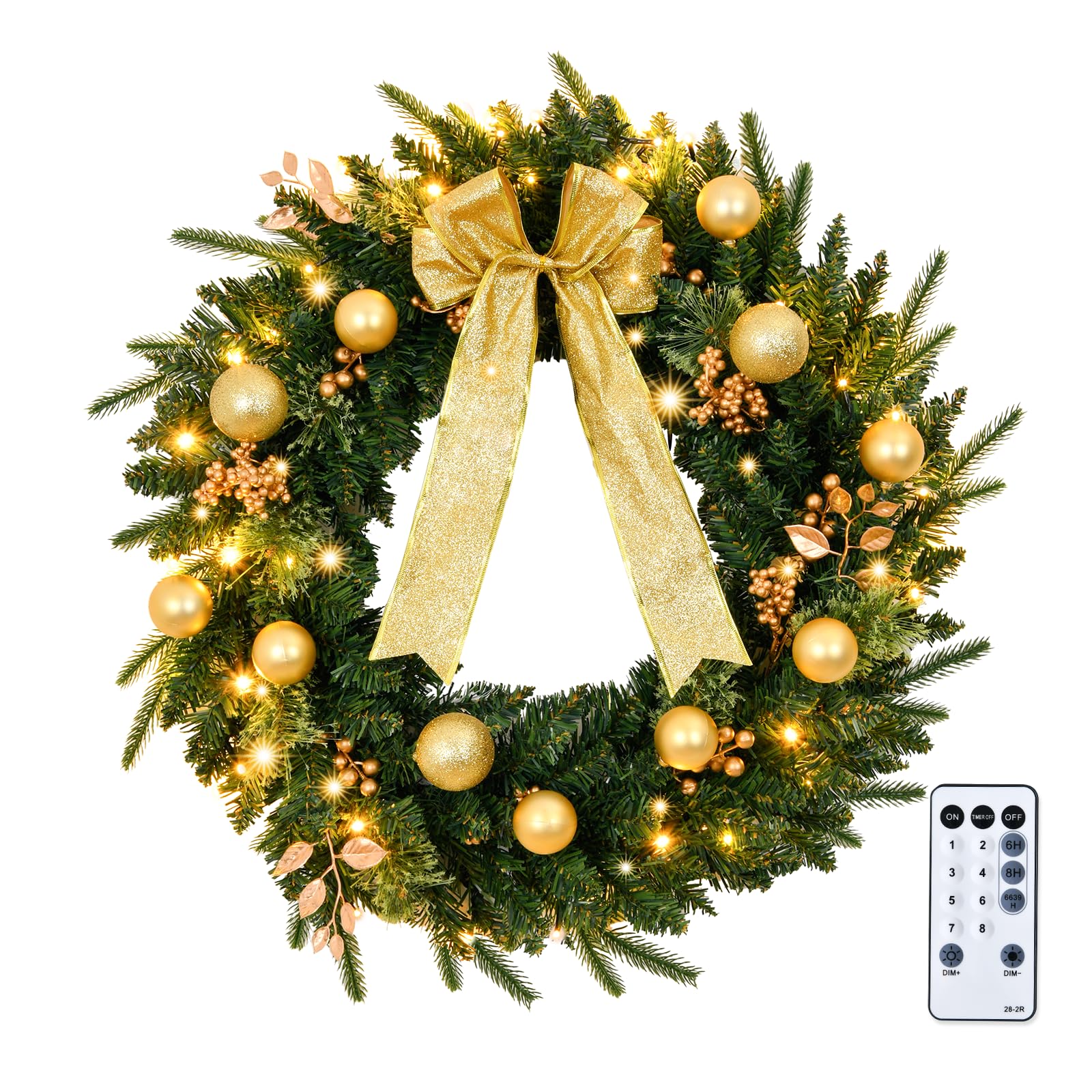 Bonnlo 24in/60cm Christmas Wreath for Front Door with Remote Control Gold