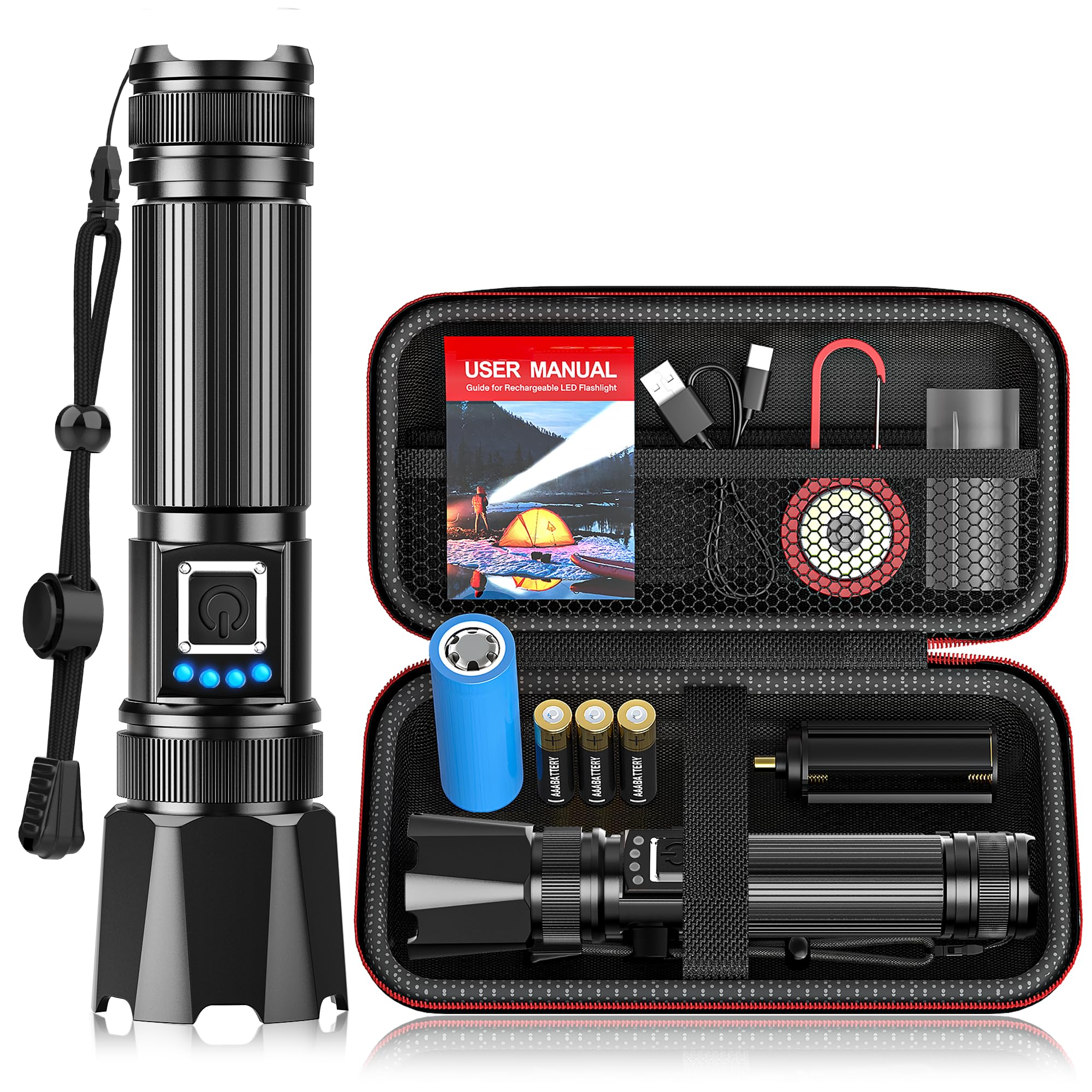 Taschenlampe LED Aufladbar 1000000 Lumens, XHP70.2 Extrem Hell Hohe Helligkeit Zoombar Taschenlampen Starke mit 5 Lichtmodi, IP67 Wasserdichte Flashlight Torch für Camping, Wandern, Outdoor, Notfäll