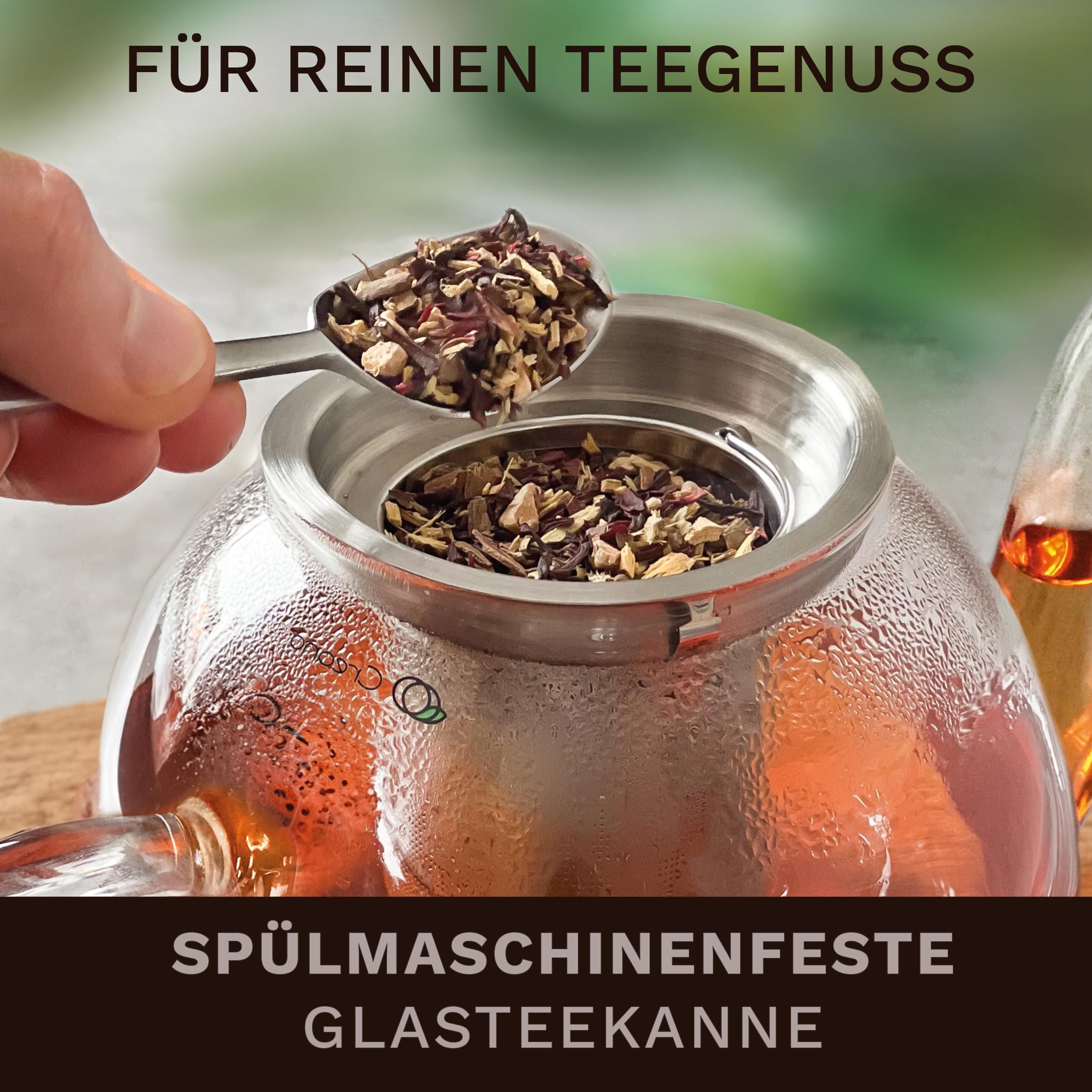 Creano Théière en Verre Haute 1,5 l Anti-Goutte avec Filtre INOX et réchaud Leaf Argent – théière Borosilicate pour thé en Vrac, sachets de thé et Fleurs de thé