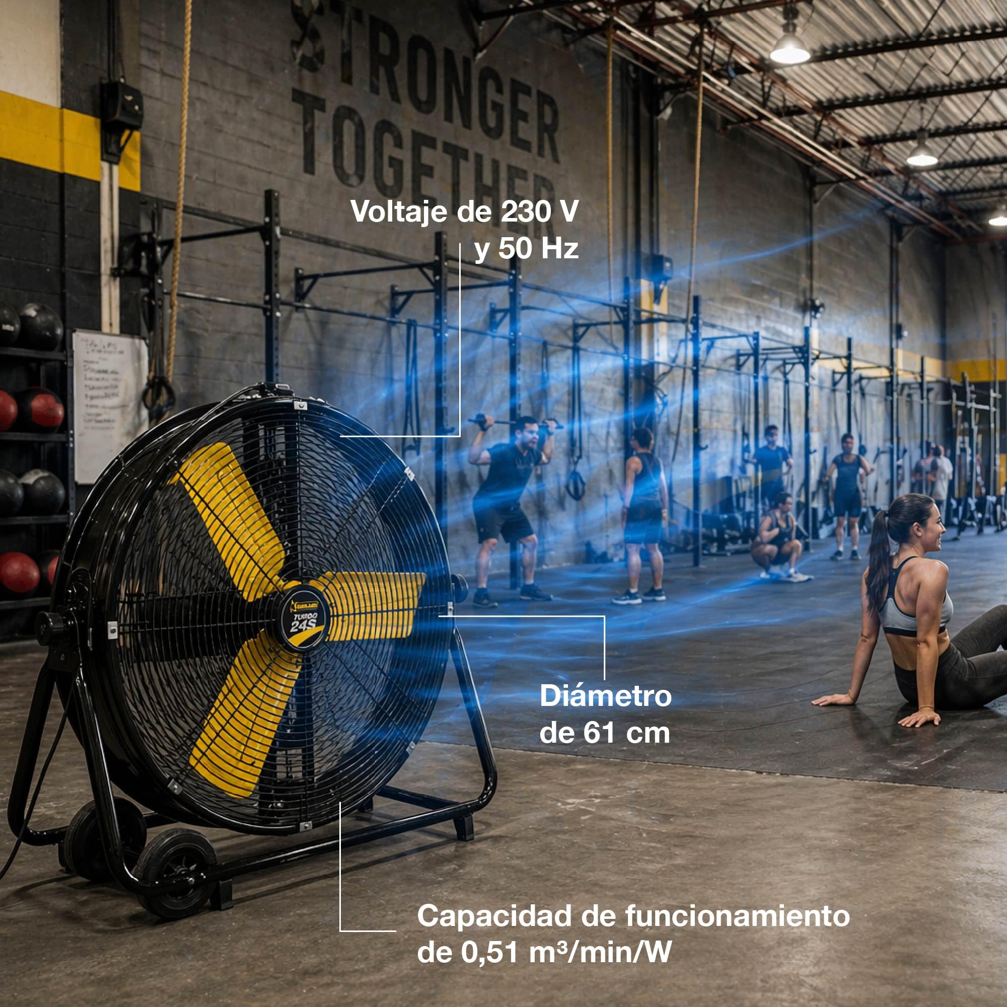 Garland TURBO 24S-V24 - Ventilador industrial de suelo 260W, cabezal oscilante, flujo de aire 131,6 m³/min, ventilador profesional portátil para taller, almacén u oficina