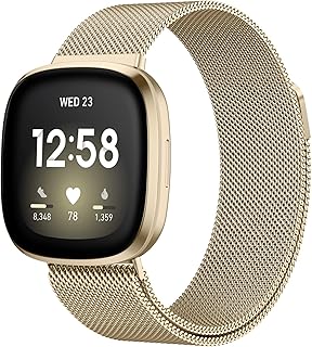 JKD Bands Compatible with Fitbit Sense Versa 3 Sense 2 and Versa 4 Smartwatch Women Men, Stainless Steel Metal Mesh Magnetic Band Replacement for Sense 2/Versa 4/Sense/Versa 3 Watch, Small Champagne