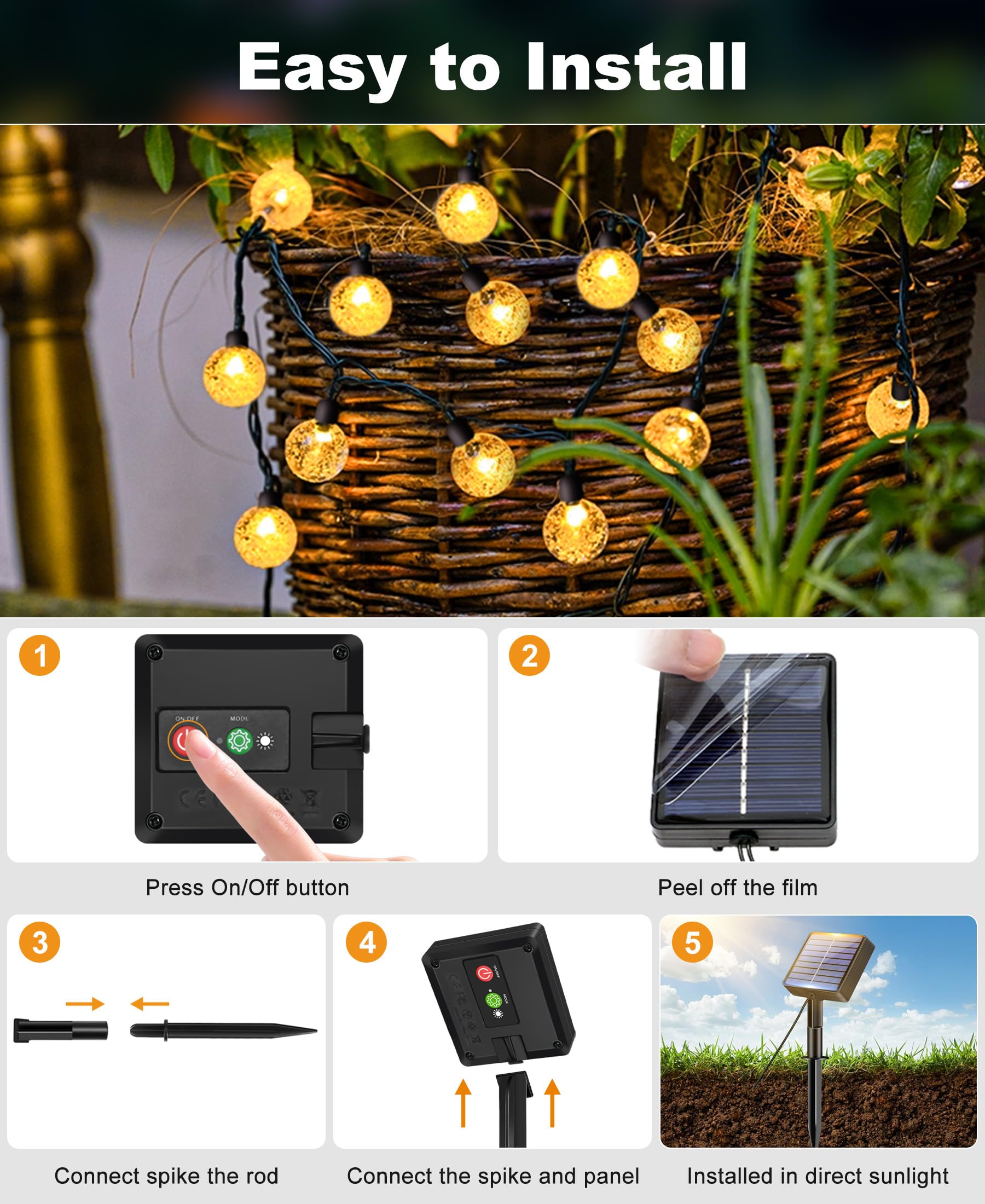btfarm 10M Guirnaldas Luces Exterior Solar, 30LED Luces Solares Led Exterior Jardin, 8 Modos Impermeable Cadena de Guirnalda Solar Cristal, Terraza, Patio, Fiesta, Navidad, Blanco Cálido — view 6