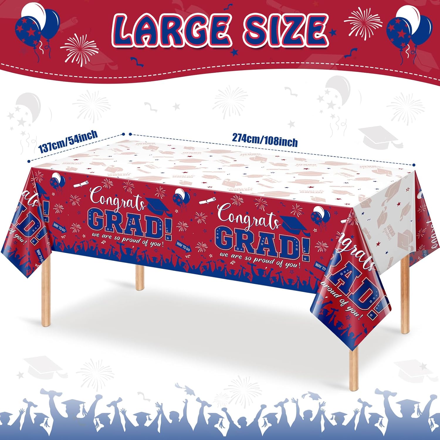 12Pack Graduation Tablecloth Party Decorations, Class of 2026 Congrats Grad Plastic Tablecover Party Supplies, Red and Blue Rectangle Graduation Table Decor for College High School Party, 54 x 108Inch