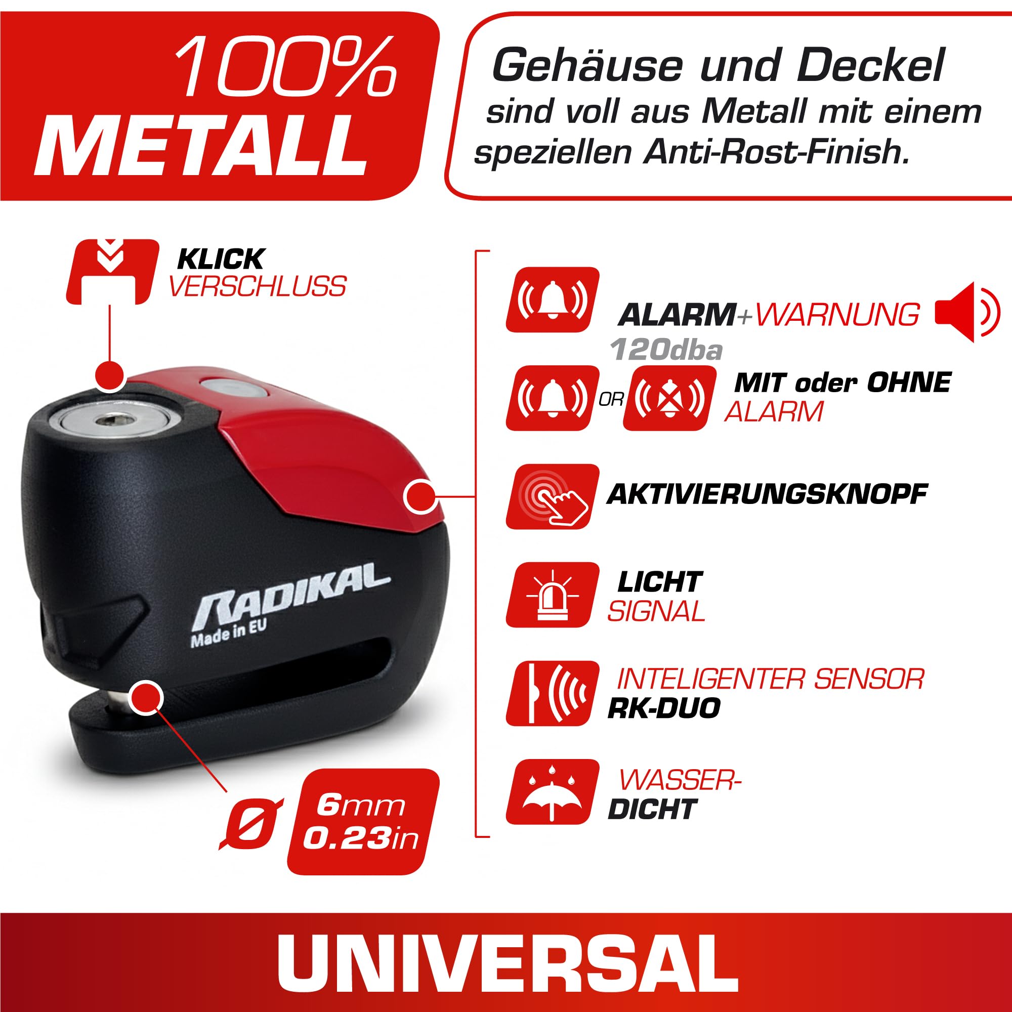 RADIKAL RK9 Bremsscheibenschloss mit Premum Alarm | 120dB, ON/OFF nach Wahl, LED Warnung Voralarm | Motorrad Schloss aus Vollmetall, 100% wasserdicht, Universal Ø6 für Motorrad Moped E-Bike Fahrrad