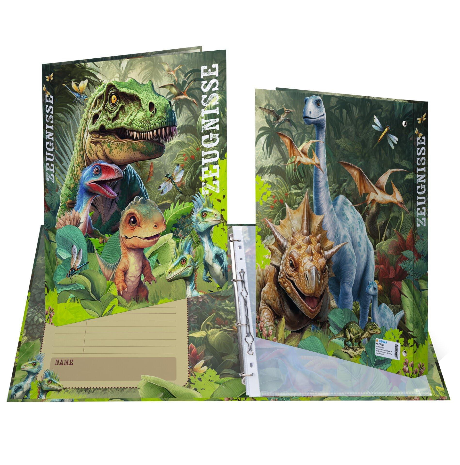 HERMA Carpeta de certificados A4 con diseño de dinosaurios, 18 unidades, con 10 fundas transparentes para 20 certificados, certificados y documentos, con impresión interior, mecanismo de 4 anillas y