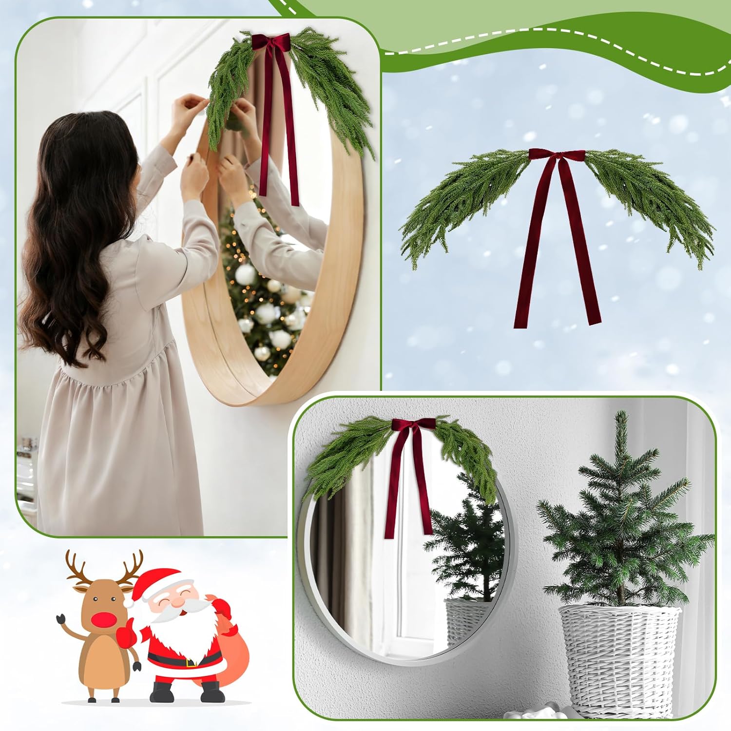 2.6ft Christmas Mirror Garland Artificial Norfolk Pine Swag for Mirror with Velvet Bow Faux Greenery Garlands Christmas Wreath for Xmas Home Door Mailbox Indoor Fireplace Decor(Burgundy Red) - Image 7