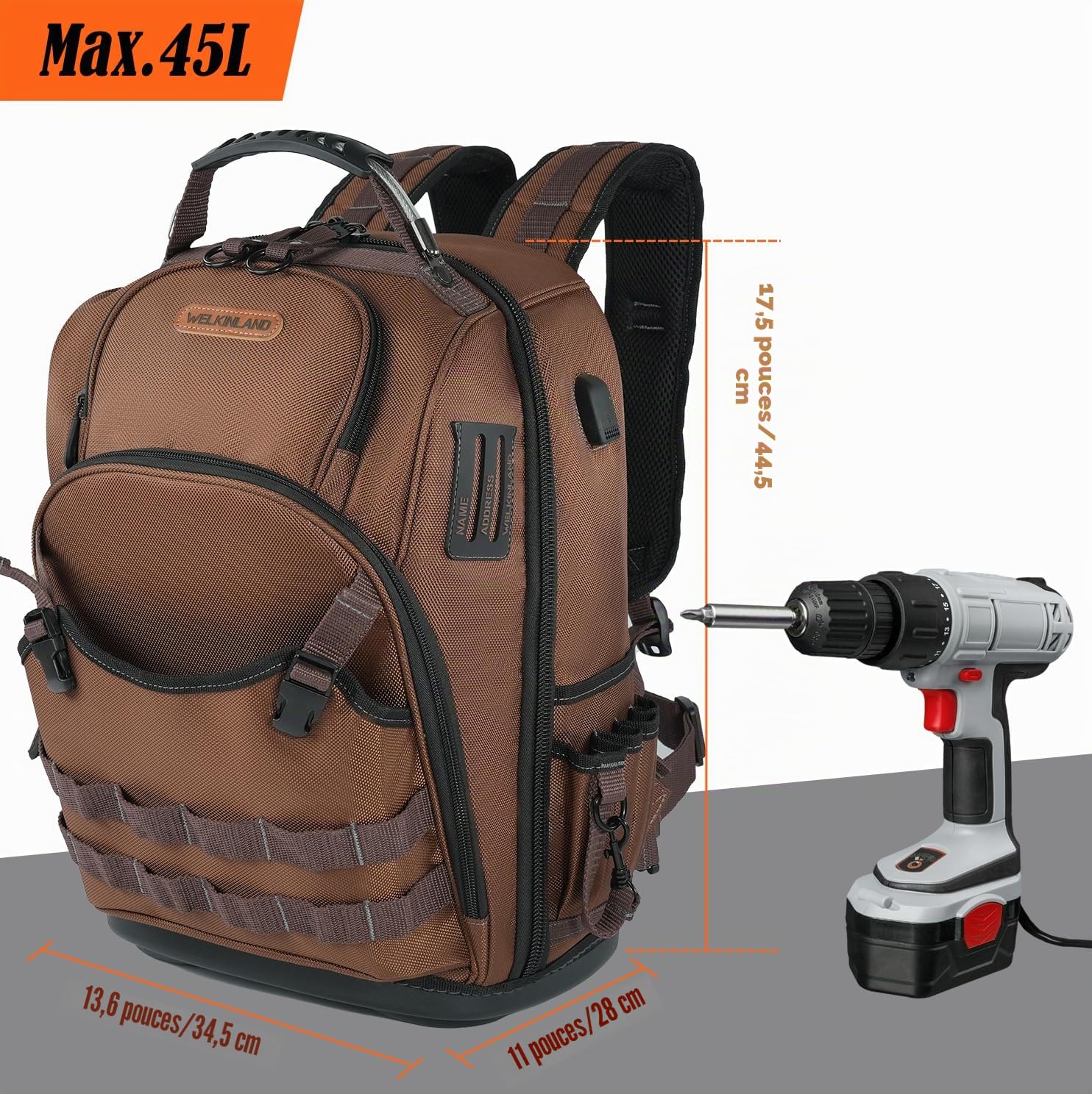 WELKINLAND - Sac à dos HVAC 70 poches, sac à dos robuste pour outils d'électricien, sac à dos à outils à fond rigide pour homme, sacs à dos imperméables pour homme