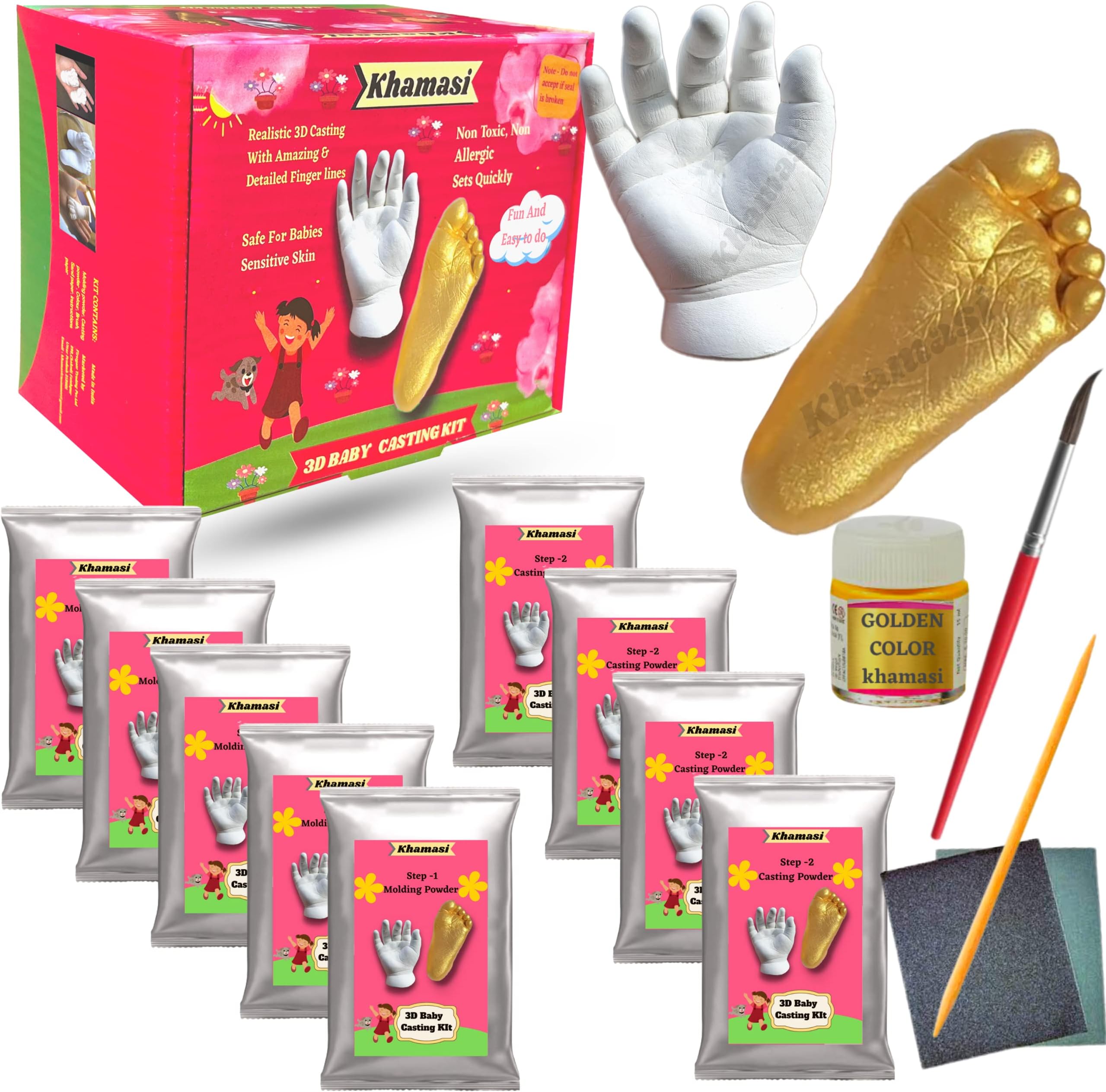 casting kit for baby, 3d baby hand and foot casting kit, baby hand print and footprint kit, moulding clay Newborn Baby and Toddler Hand Foot Impression, baby foot printing kit, baby mould for hands and legs for Two Hands and Two Foot with One Extra molding Powder (for Under 9 Month Baby)
