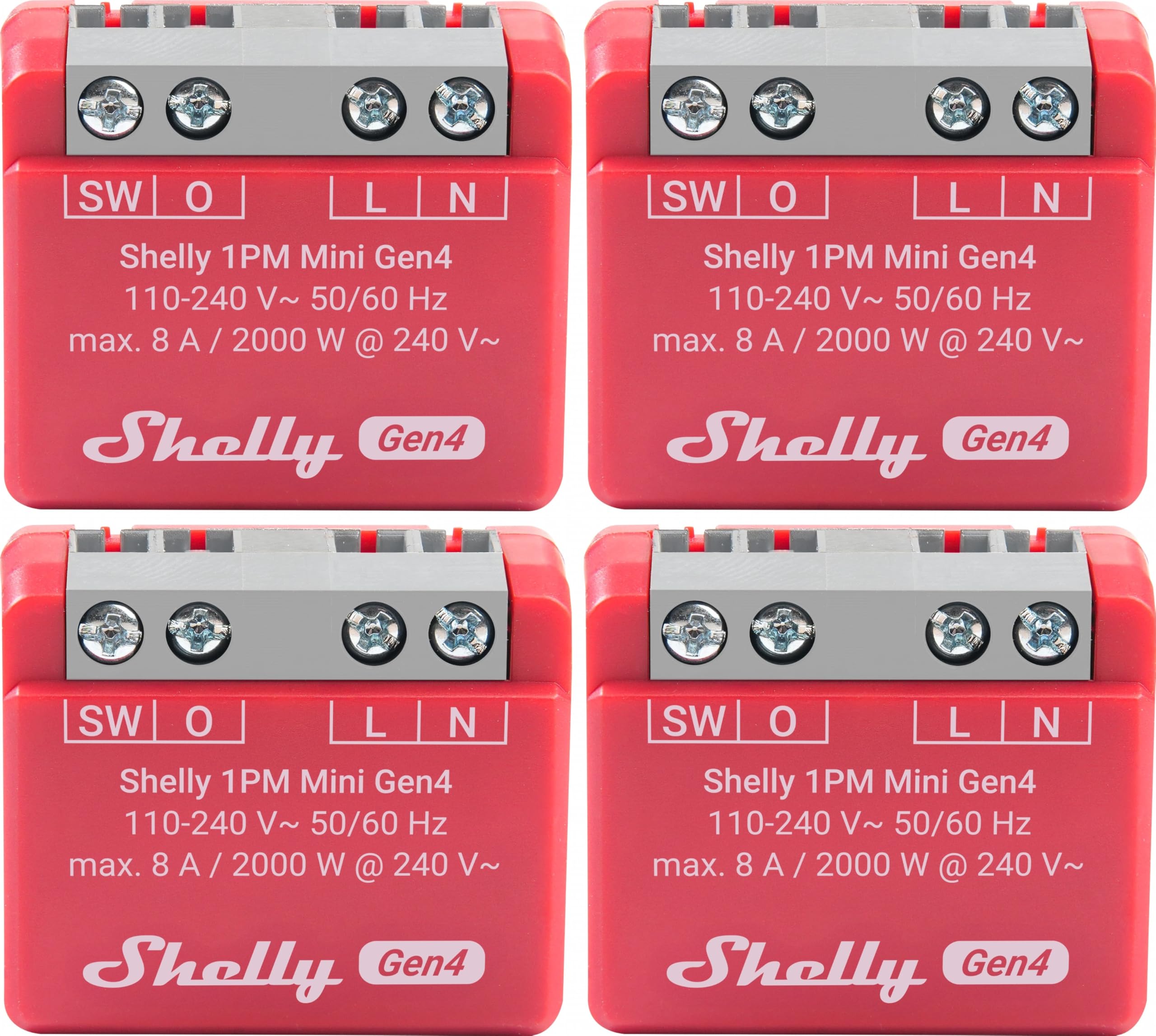 SHELLY Relè 1PM Mini Gen4, 8A, WLAN, Bluetooth, rosso, 4 pezzi