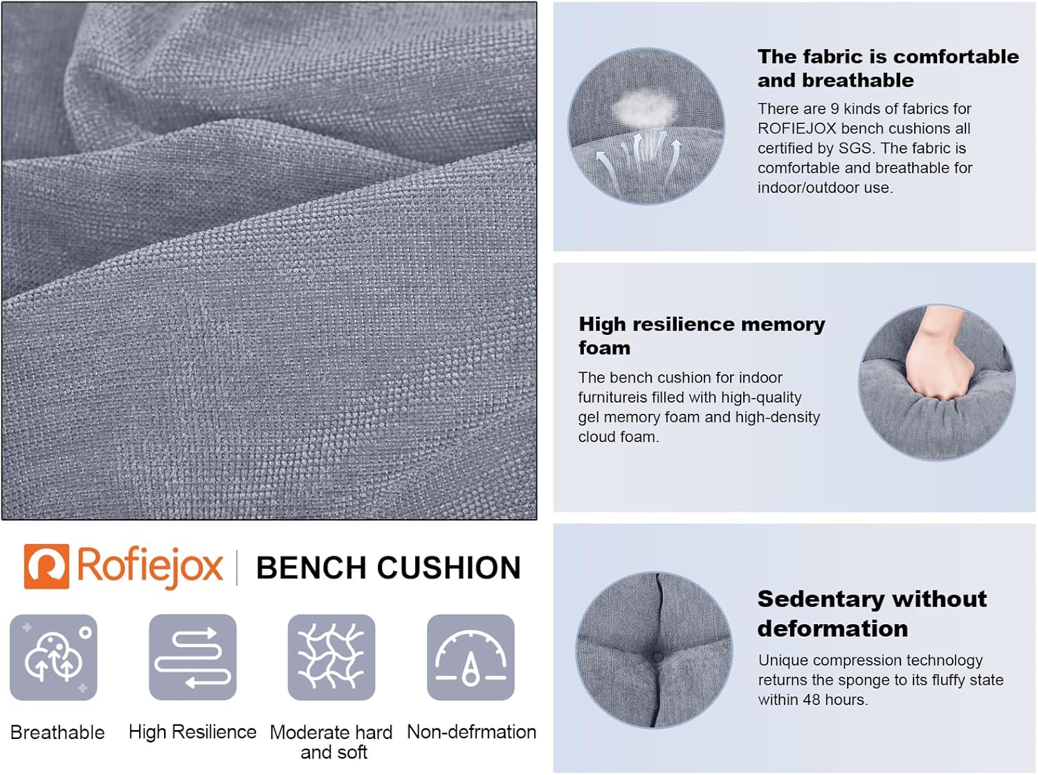 36 Inch Bench Cushion, Tufted Window Seat Cushion with High-Density Memory Foam, Soft Chenille Non-Slip Indoor Furniture Pad for Bay Window, Dining Bench, Entryway (Light Gray, 36x14x4)