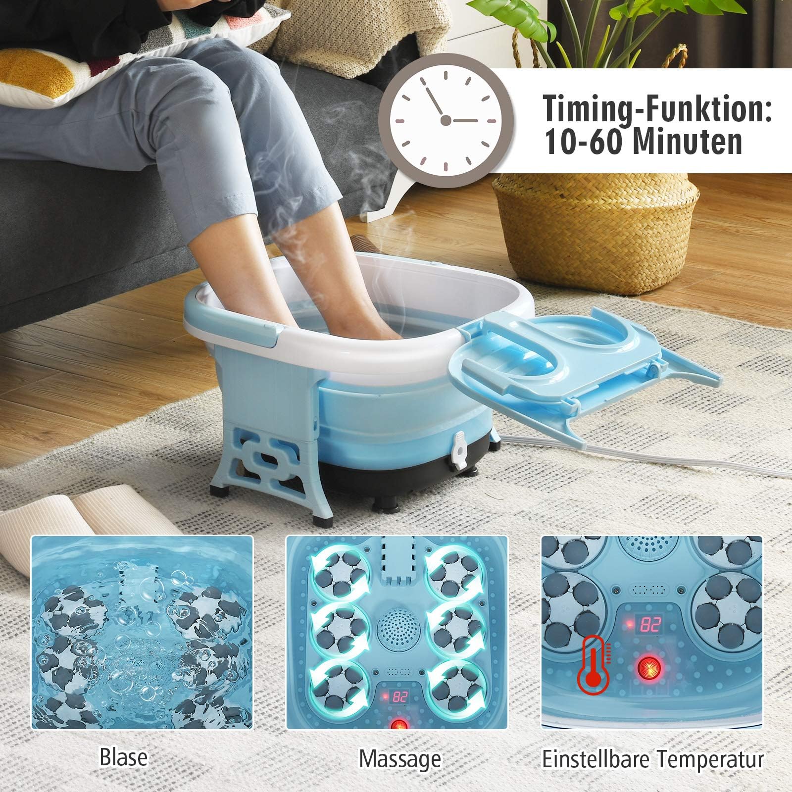 FANTASK Elektronische Fußbadewanne, Fußmassagegerät klappbar mit Heizung, Max. 48°C, 10-60 Min Timer, Multifunktionales Fußbad mit Sprudelfunktion & Infrarotlicht, inkl. Fernbedienung, 500W (Blau)
