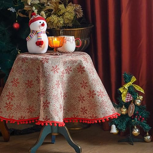 ARTMAGIC Mantel redondo de Navidad, mantel de copo de nieve rojo con borlas y pompones, fundas de mesa de lino estilo bohemio para decoración del