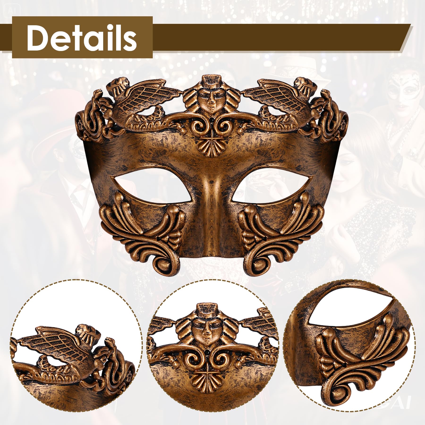 Oidea Masquerade Mask for Men: Ancient Greek Roman Warrior Masks Phantom of The Opera Mask for Halloween Venetian Carnival Mardi Gras Costume Prom Party Gold - Image 3