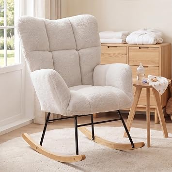 DEKKETO Nursing Rocking Chair, Teddy Glider Chair for Nursery, Comfy Living Room Armchairs with High Backrest for Adults, Ivory