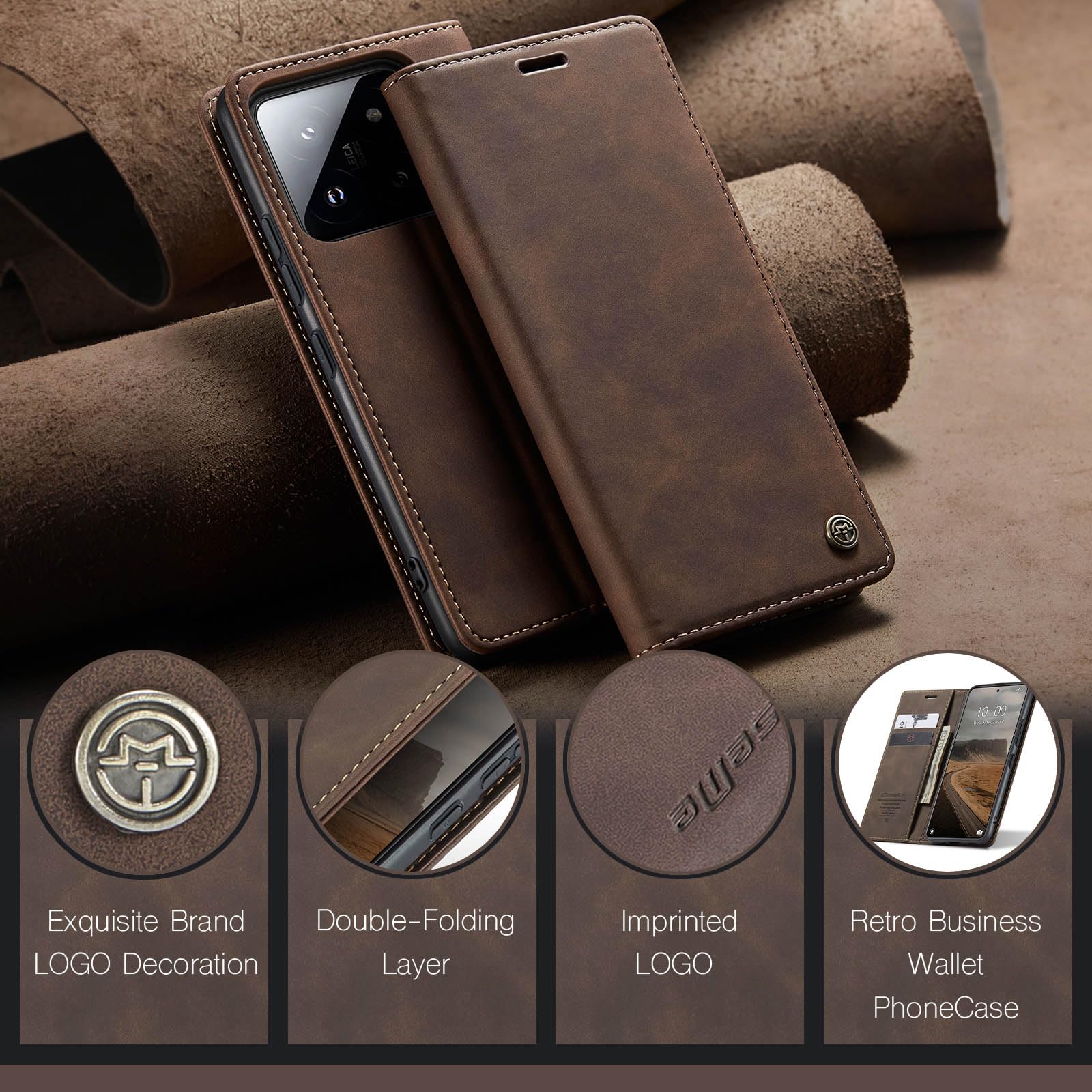 Monweicz Cover Compatibile con Xiaomi 14, Custodia Portafoglio con Slot per Scheda, Protezione Completa Premium in Pelle PU, Flip Libro Magnetica Xiaomi 14, Caffè