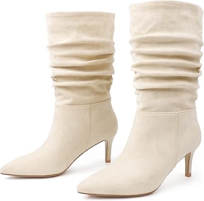 JOY IN LOVE Womens Low Heel Boots, Mid-Calf High Wrinkled Slouchy Boots