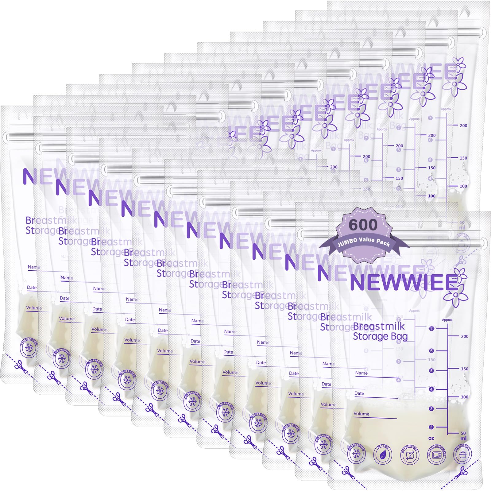 600 Count Breastmilk Storage Bags 7oz Breast Milk Bags for Breastfeeding Self Standing Breastmilk Storing No Leak Double Seal Freezer Storage for