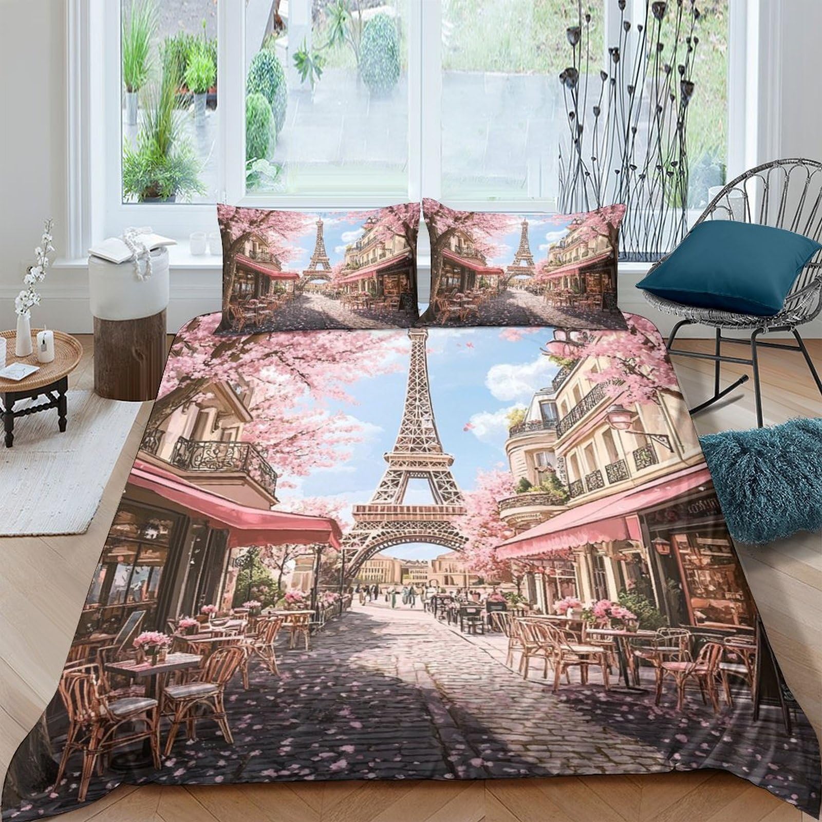 Ctjqhvkz Style-5 3D Printed Eiffel Tower Spring Paris Fitted Sheet Microfiber Soft Urban Street Mattress Cover Bedroom Decor Single（135X200cm）