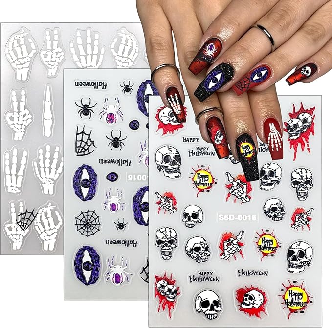 MUIIIGOOD 3 Sheet Halloween Nail Art Stickers Gradient Pumpkin, Horror Skull Ghost Mask Eyes Nail Decals, 3D Self-Adhesive Spider-Web Bat Design for DIY Nail Supplies Decoration Manicure Accessories