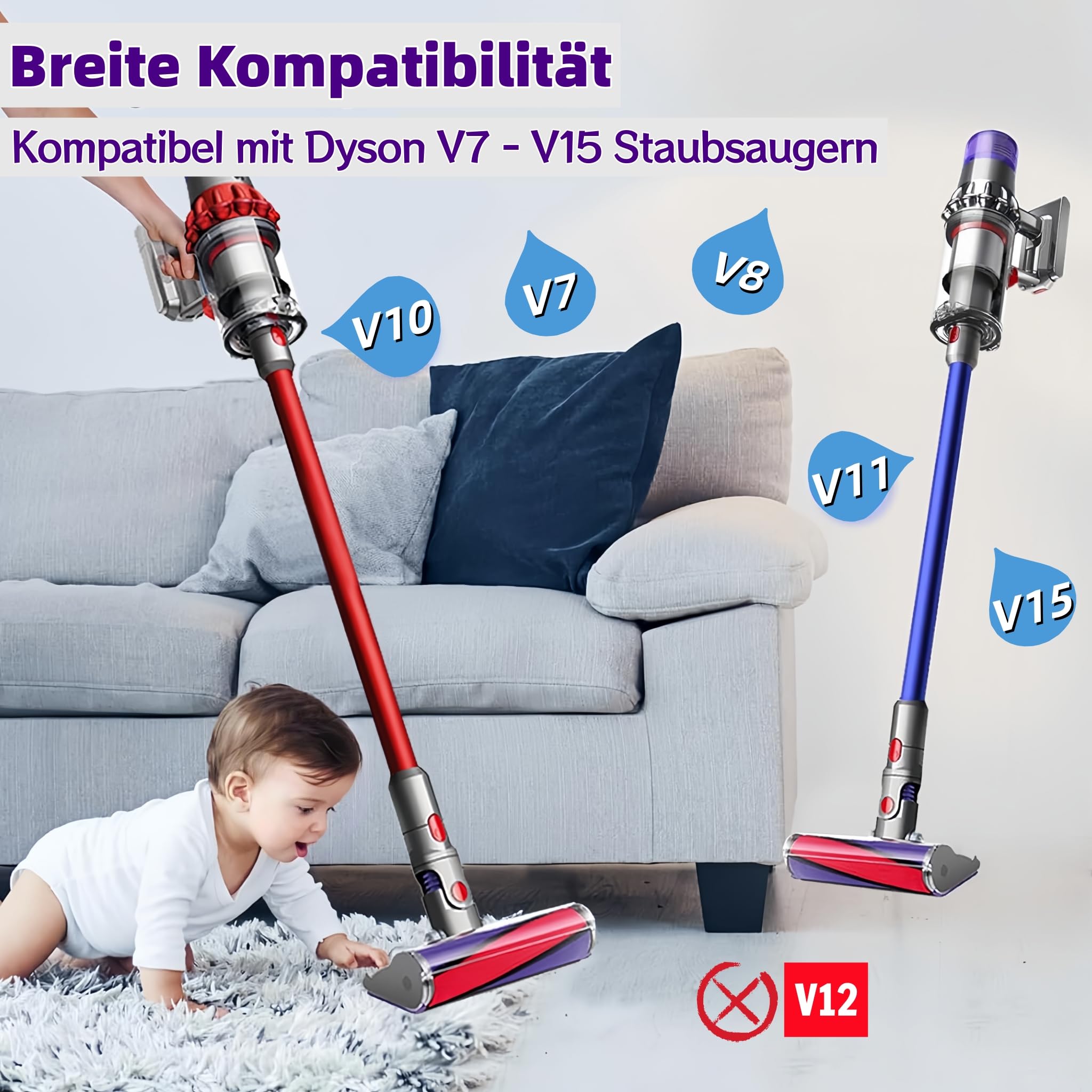 Softwalze Bodendüse für Dyson V7 V8 V10 V11 V15 SV10 SV11 SV12 SV14 SV15, Elektrischer Soft Roller Bürste Aufsatz Motorbürste Zubehör Ersatzteile für Hartböden Parkett Laminat Fliesen