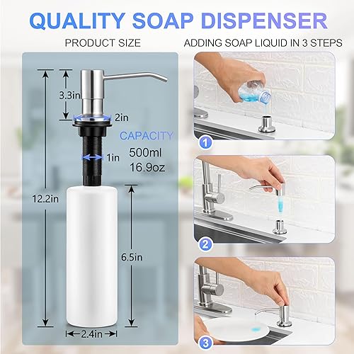 Miniatura 6 de Herogo Grifos de cocina con dispensador de jabón de níquel cepillado, acero inoxidable, grifo de resorte extraíble comercial con rociador extraíble,