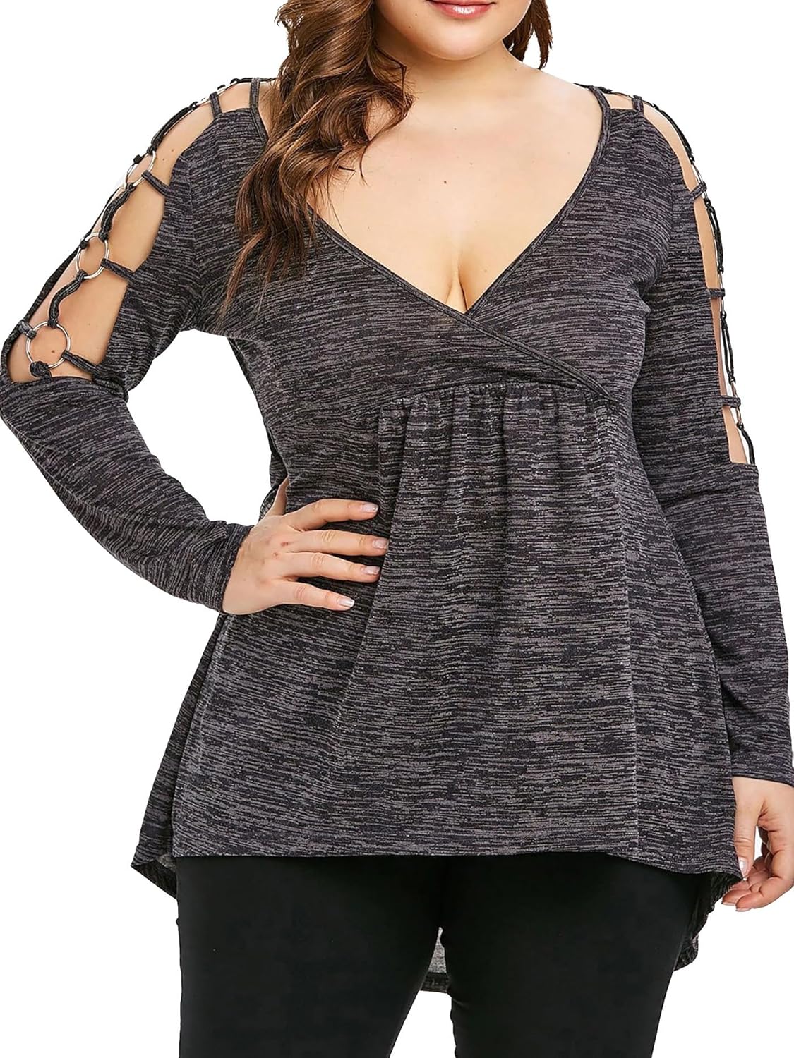 Nihsatin Plus Size Hollow Out T-Shirt for Women Sexy V-Neck Cutout Long Sleeve Curve Top